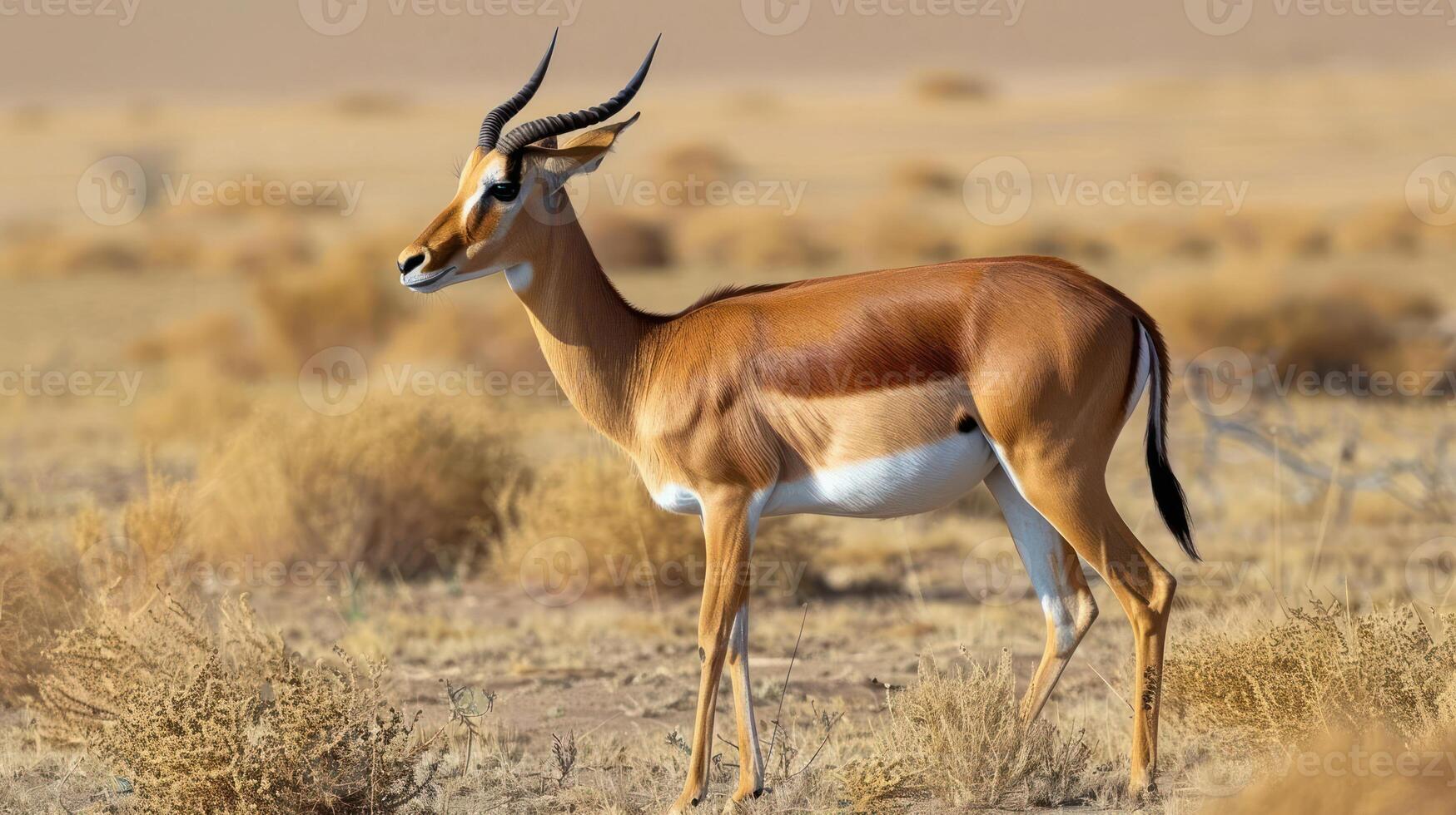 A graceful antelope stands in a dry, sandy landscape, showcasing its elegant form and natural habitat photo