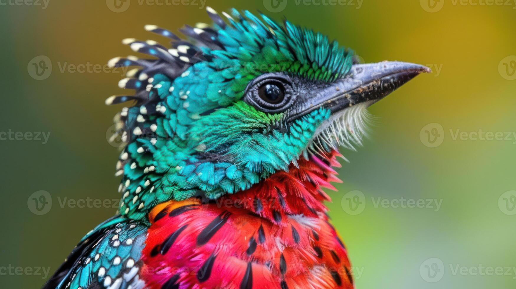 Vibrant close-up of a colorful bird showcasing intricate feather patterns against a blurred background photo