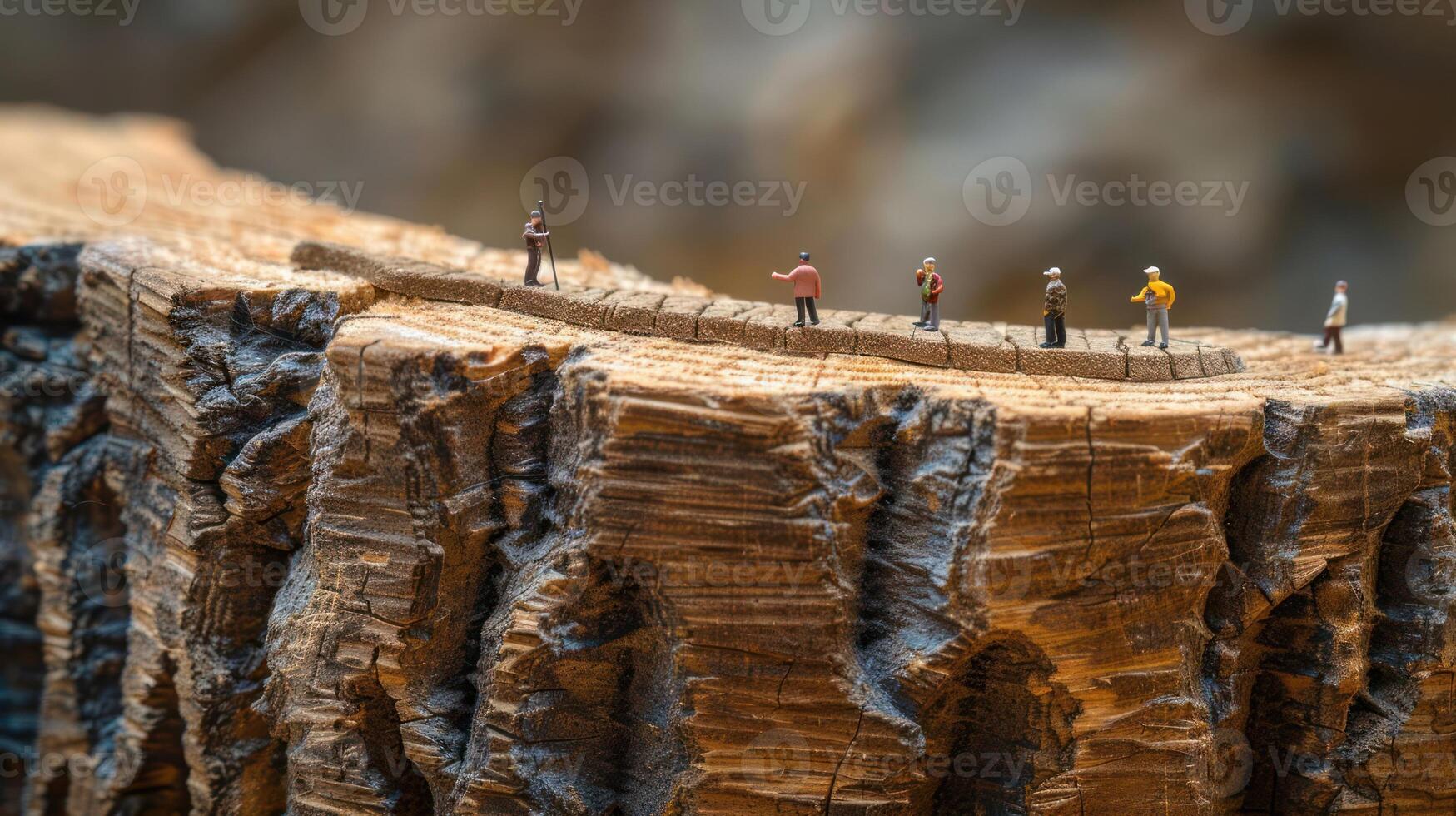 Miniature hikers traverse a textured wooden log, showcasing adventure and exploration. photo