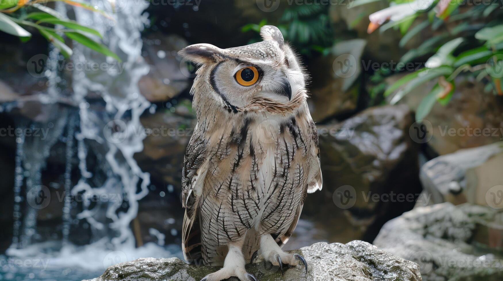 Majestic owl perched on a rock near a serene waterfall, surrounded by lush greenery and tranquility photo