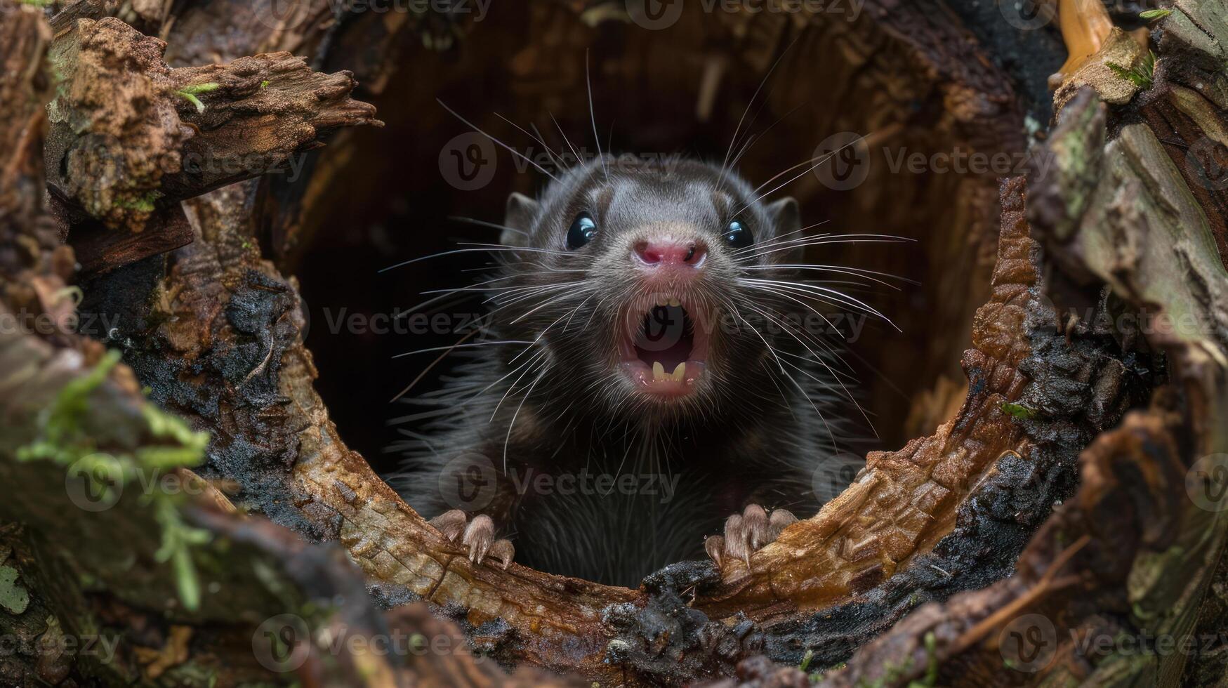 A startled animal emerges from a hollow log in a lush forest, surrounded by vibrant greenery photo