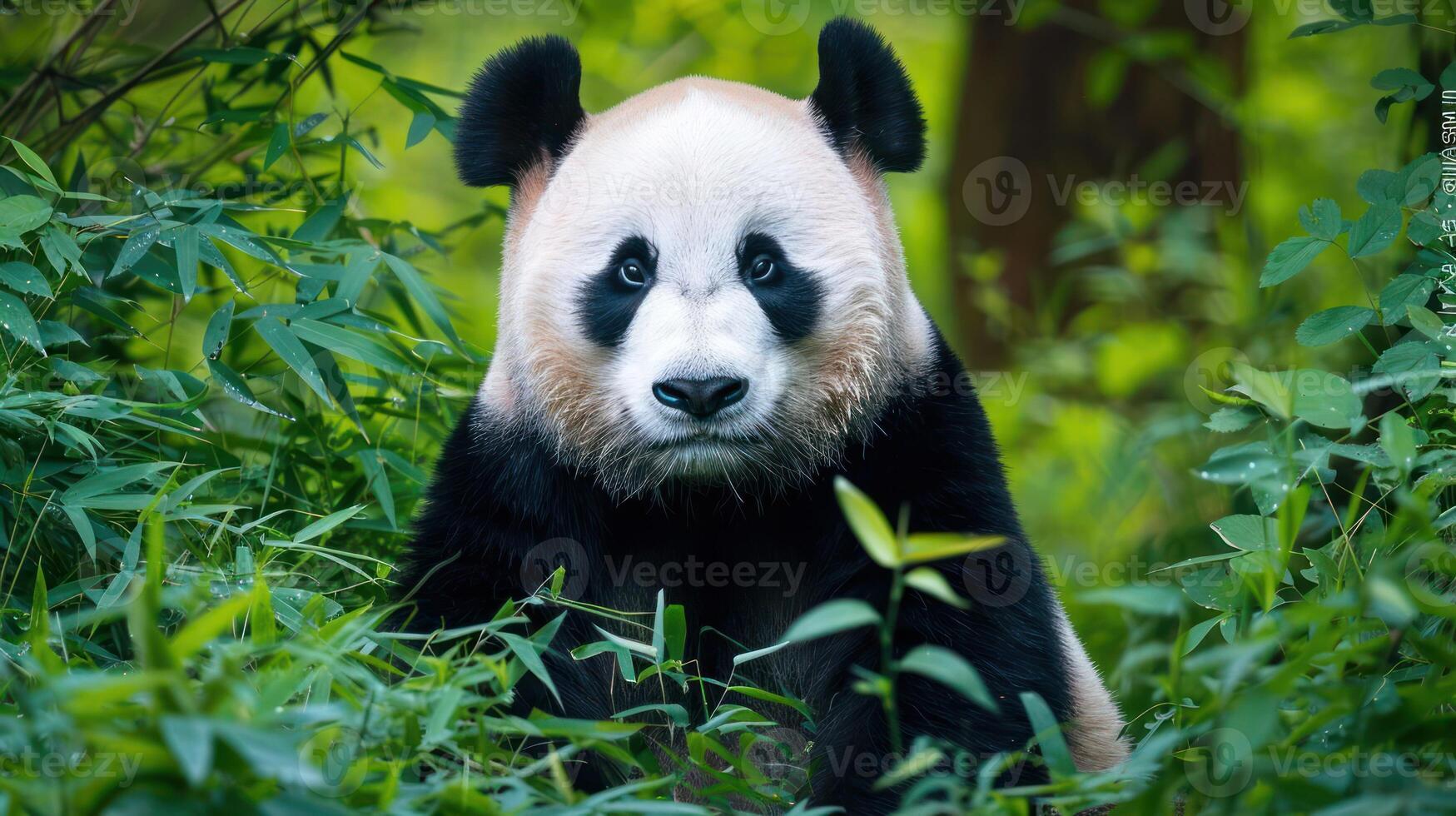 Close-up of a panda sitting amidst lush green foliage, showcasing its curious expression in nature photo