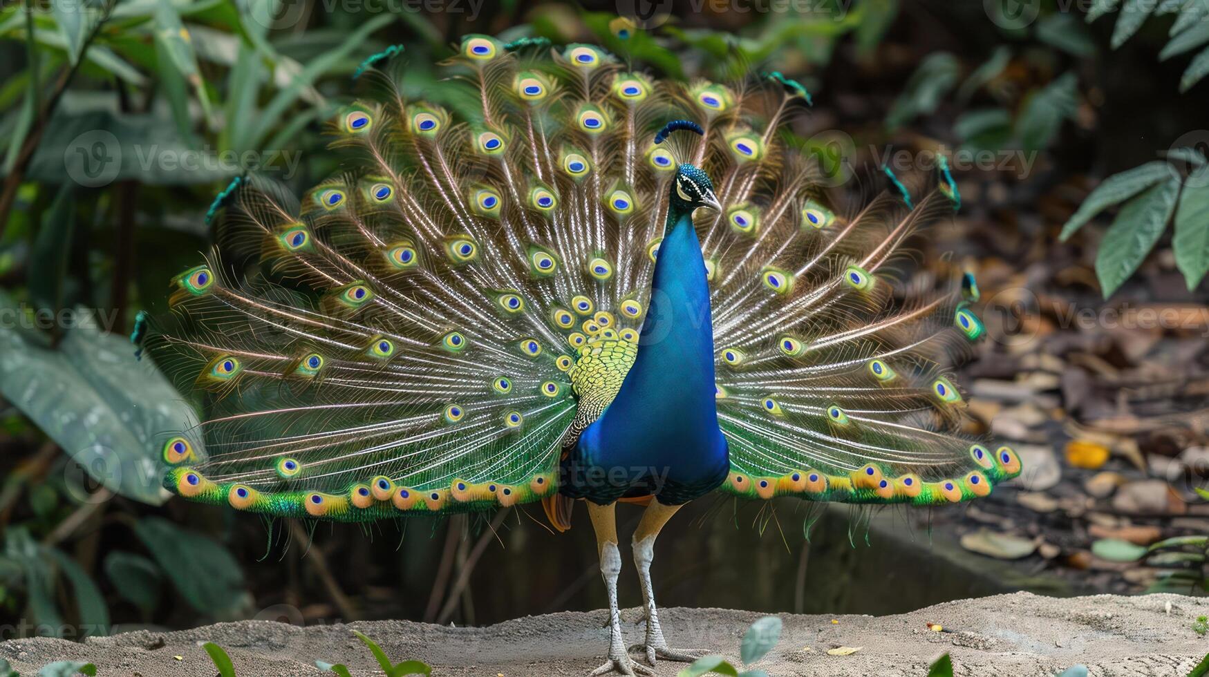 Vibrant peacock displaying its colorful feathers in a lush garden setting photo