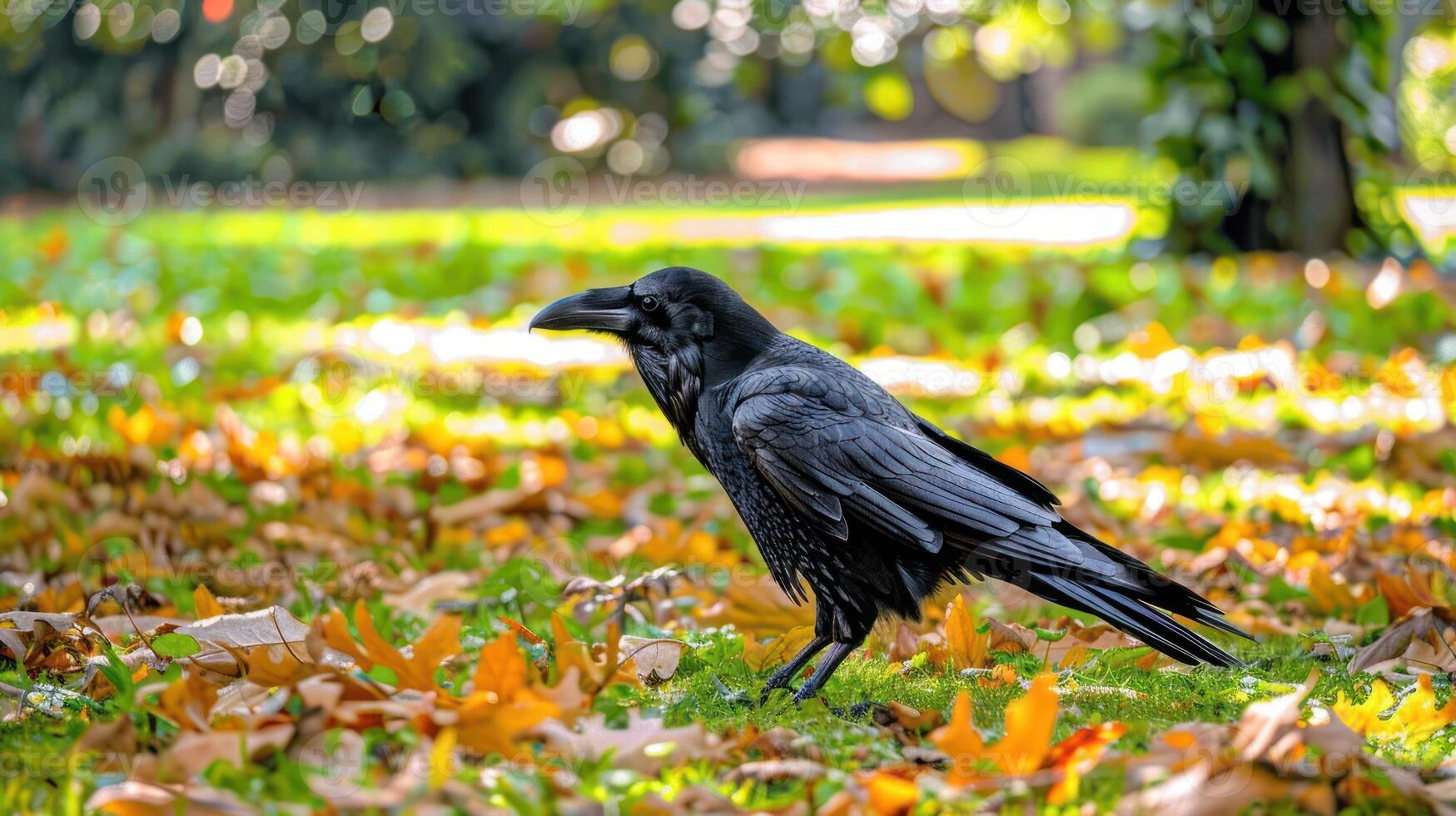 A solitary raven walking through a vibrant autumn park filled with fallen leaves photo