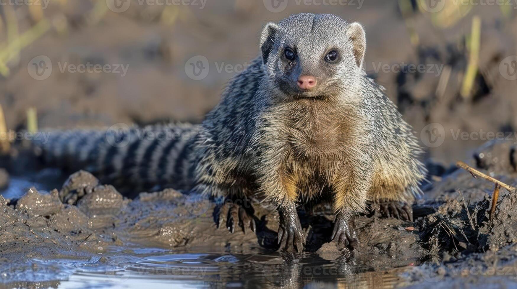 A curious mongoose stands near a muddy waterhole, surrounded by grass and wildlife, observing its surroundings photo