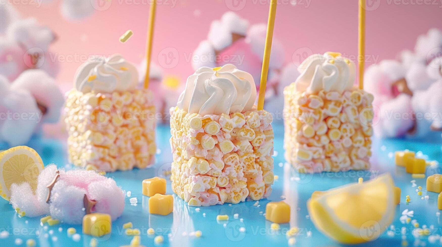 Colorful dessert treats with whipped cream and cotton candy on a vibrant background. photo
