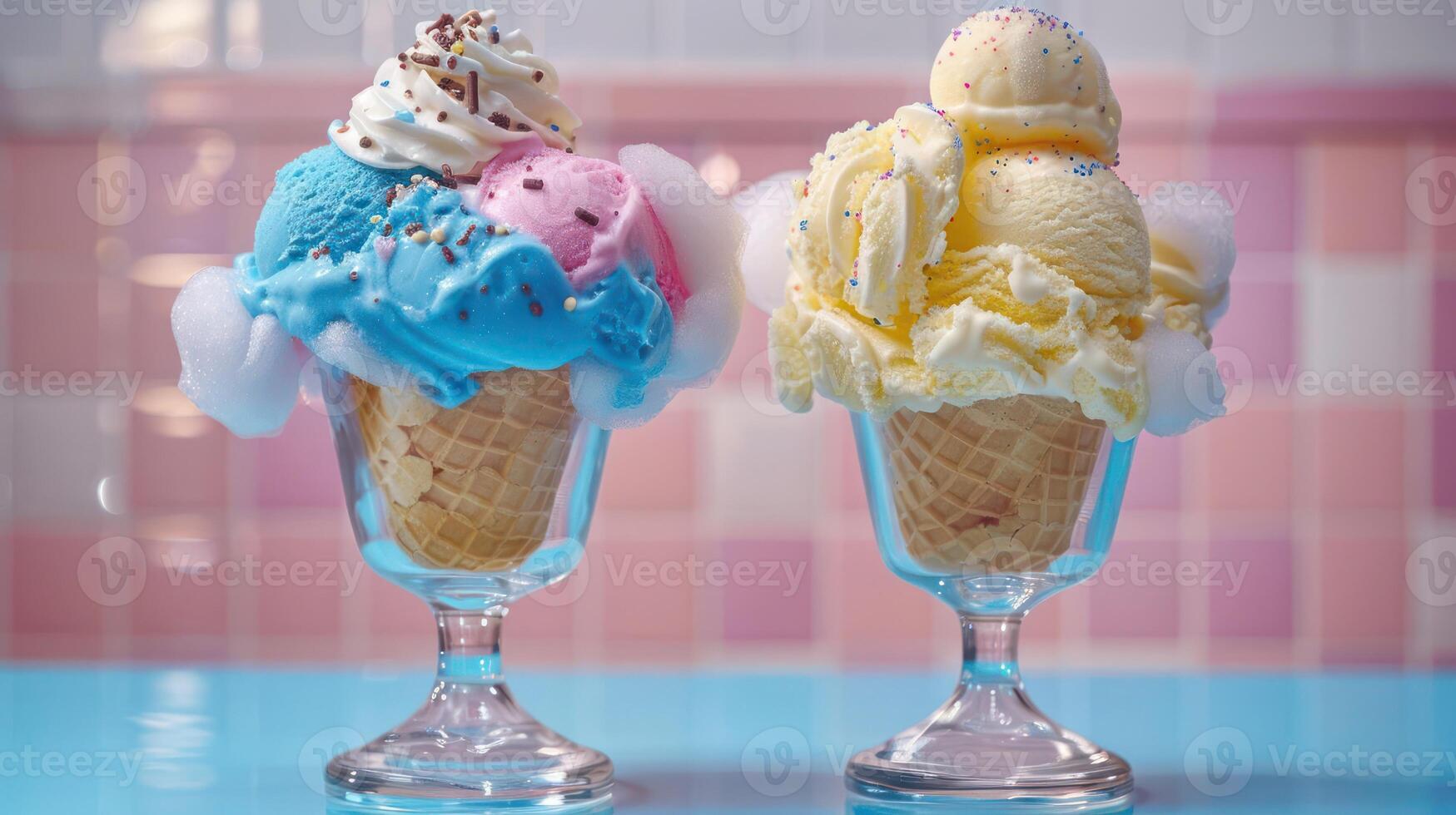 Two colorful ice cream sundaes in glasses with toppings and sprinkles. photo