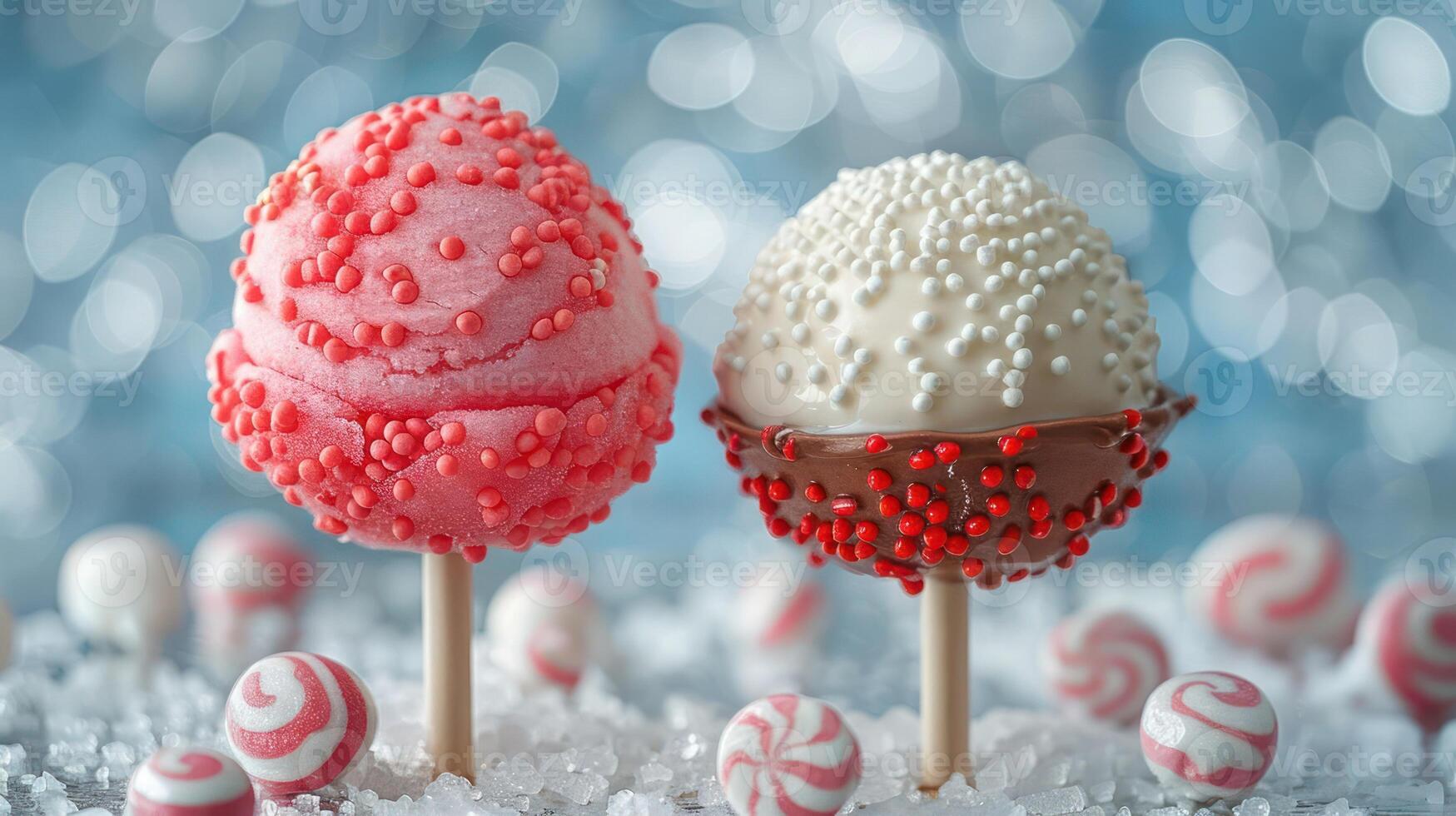 Colorful ice cream pops with sprinkles and peppermint candies on a snowy backdrop. photo