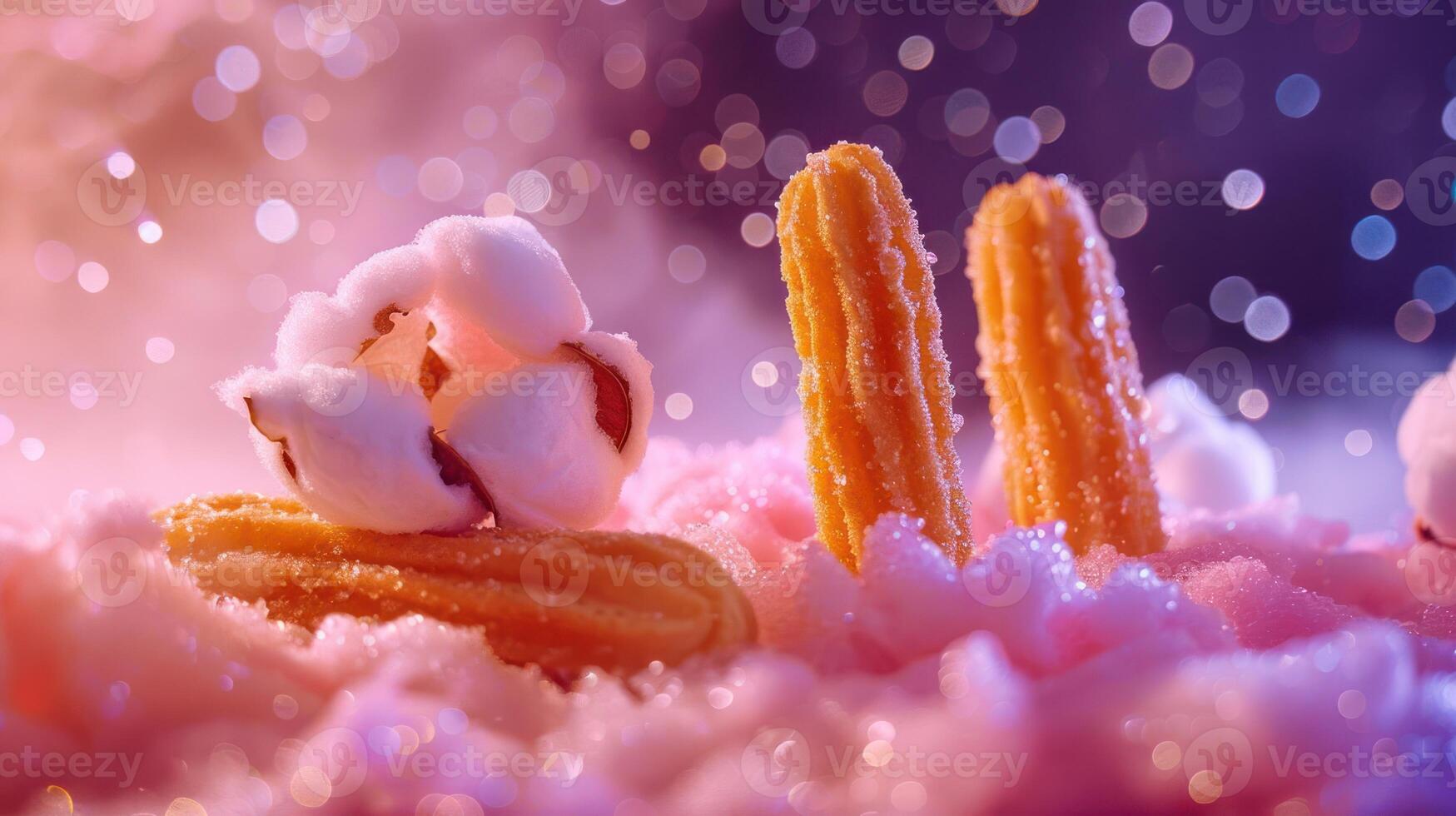 A whimsical dessert scene featuring churros and cotton candy amidst a dreamy background. photo
