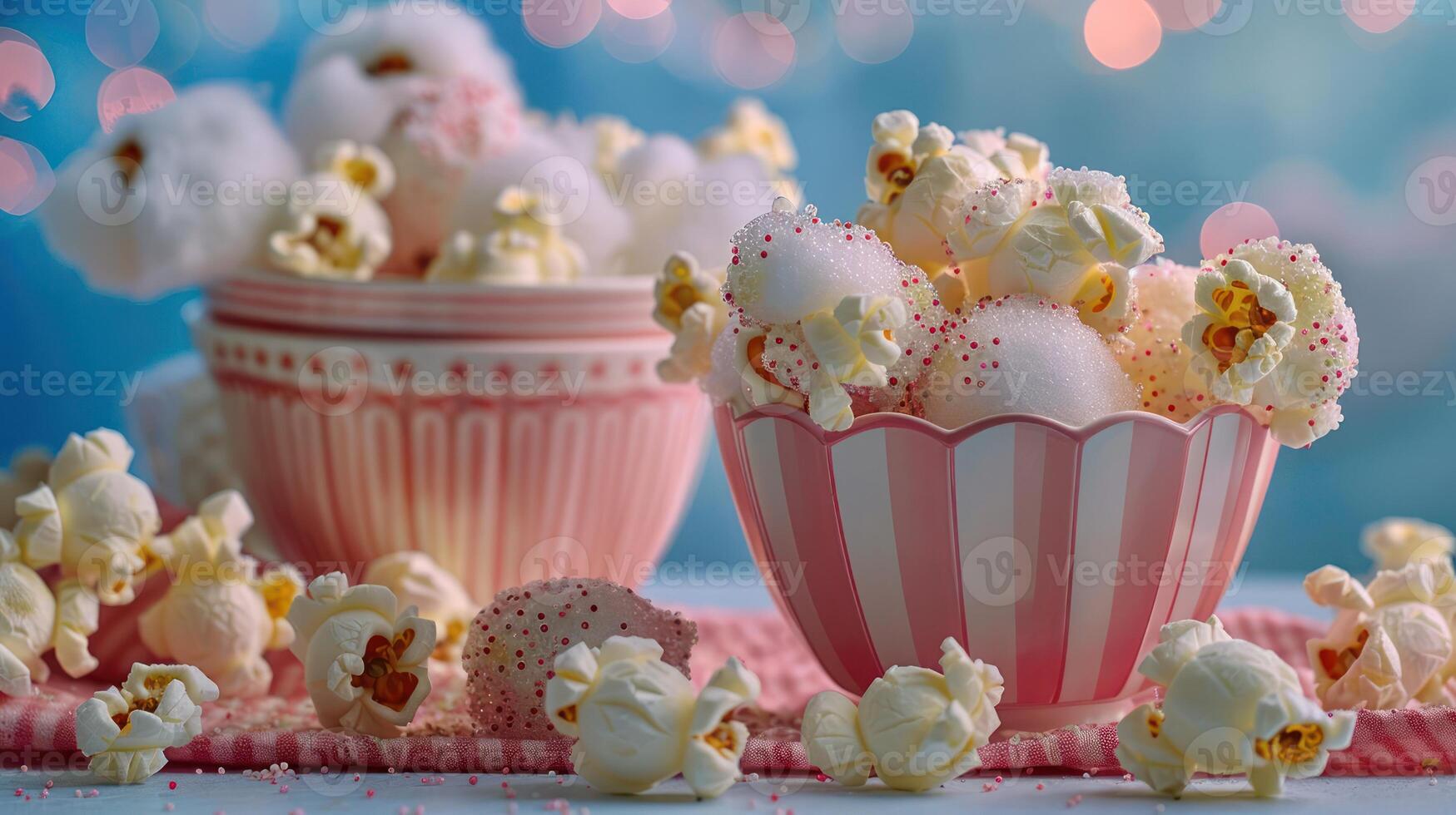 A colorful display of popcorn and cotton candy in striped bowls, evoking a festive atmosphere. photo
