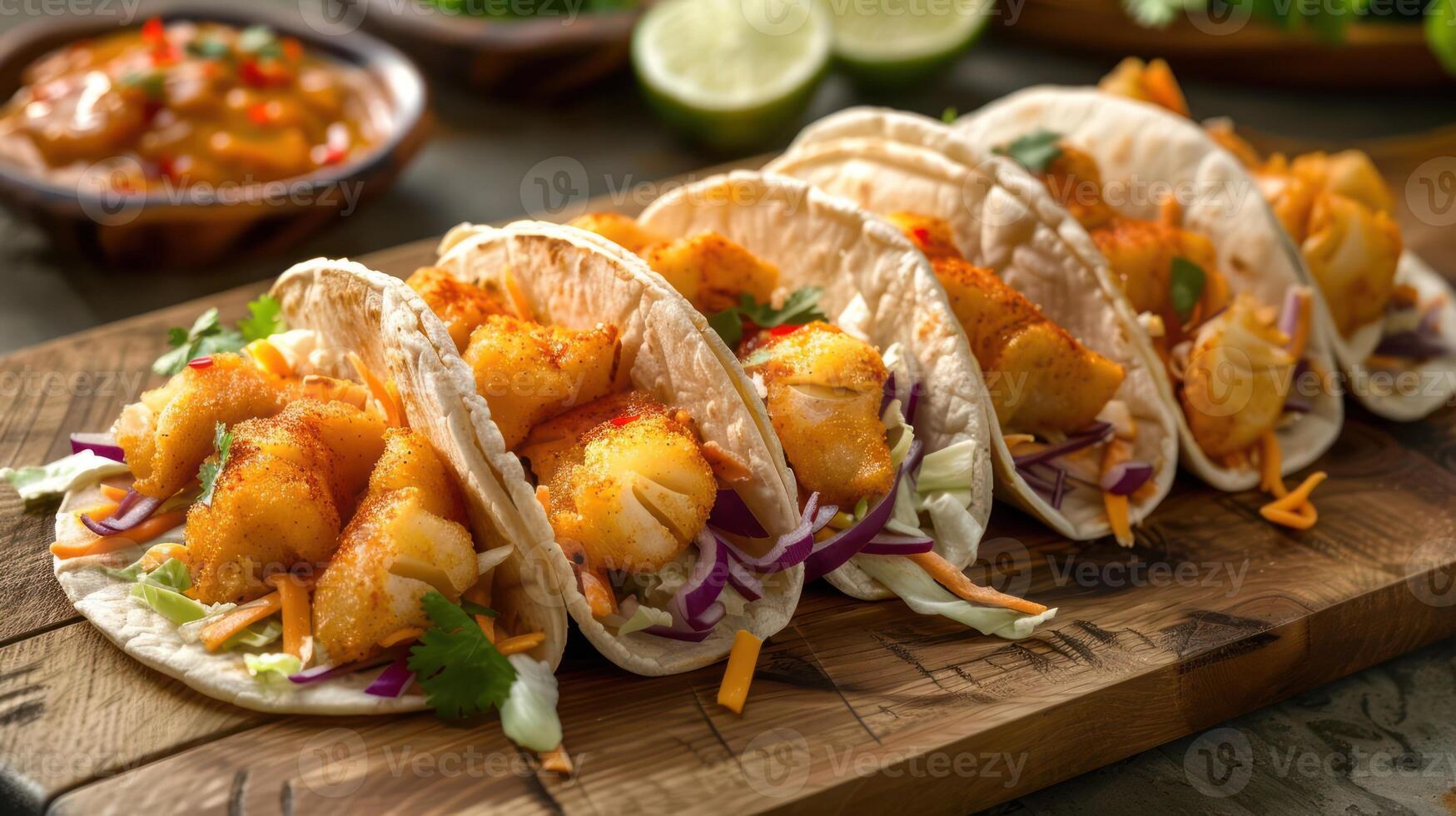 A delicious display of fish tacos with colorful toppings on a wooden board. photo