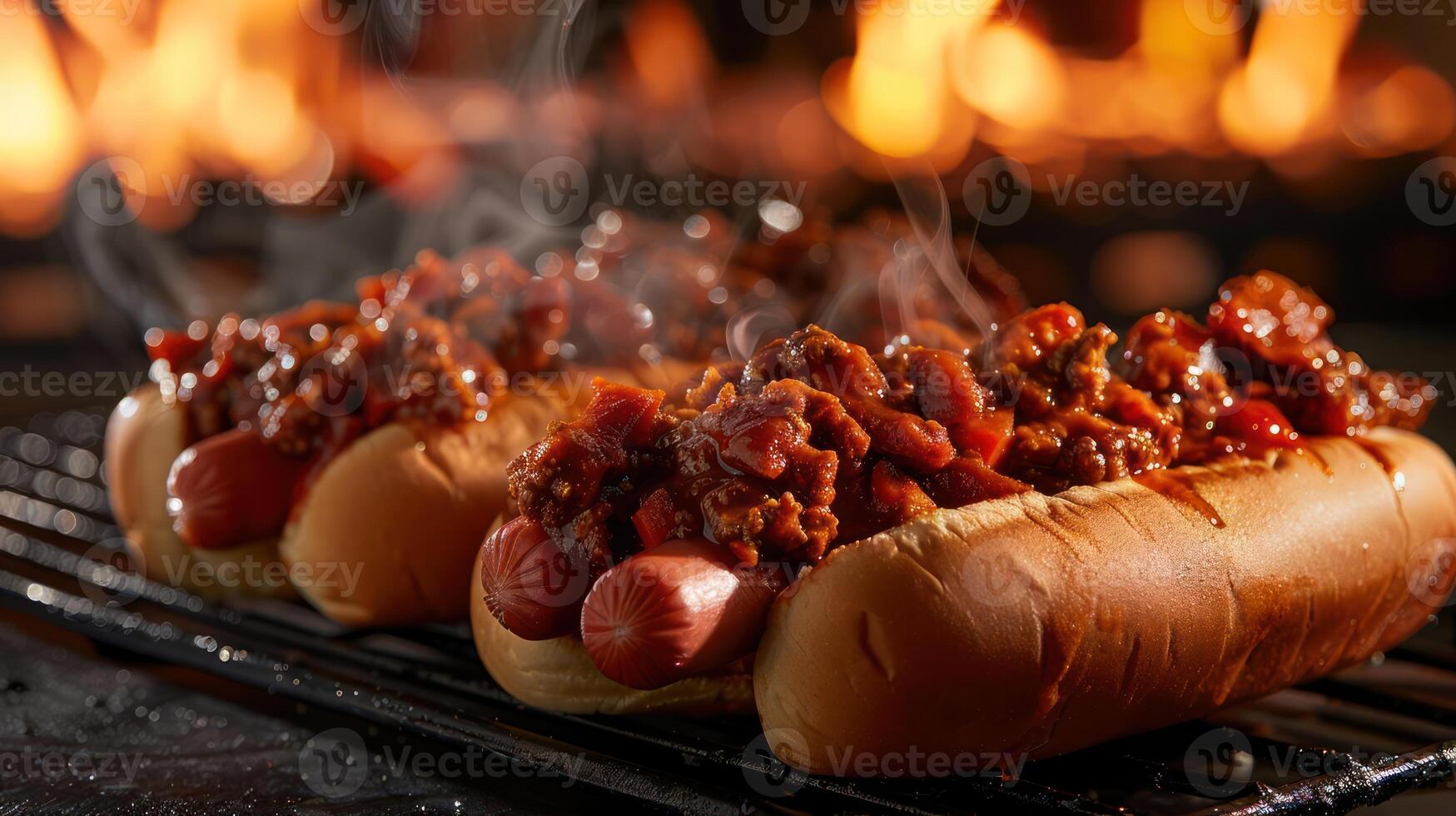 Three hot dogs topped with chili, steaming on a grill, evoking a delicious outdoor meal. photo