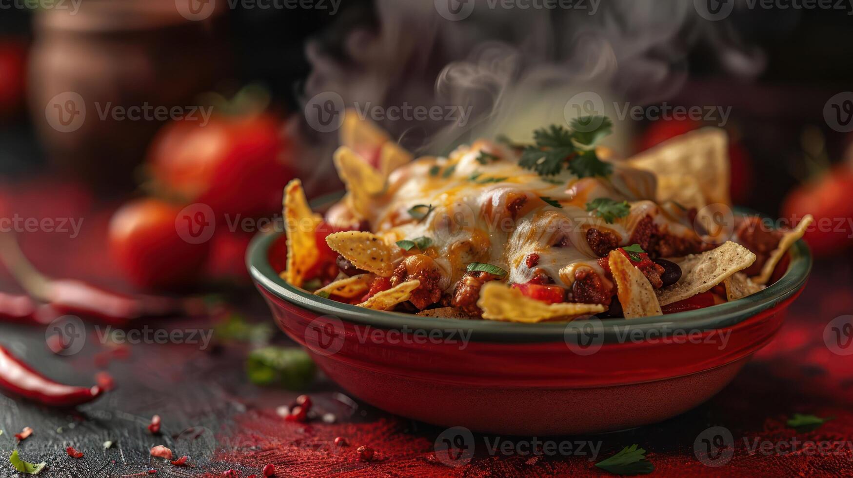 A steaming bowl of nachos topped with cheese, herbs, and surrounded by fresh tomatoes and chilies. photo