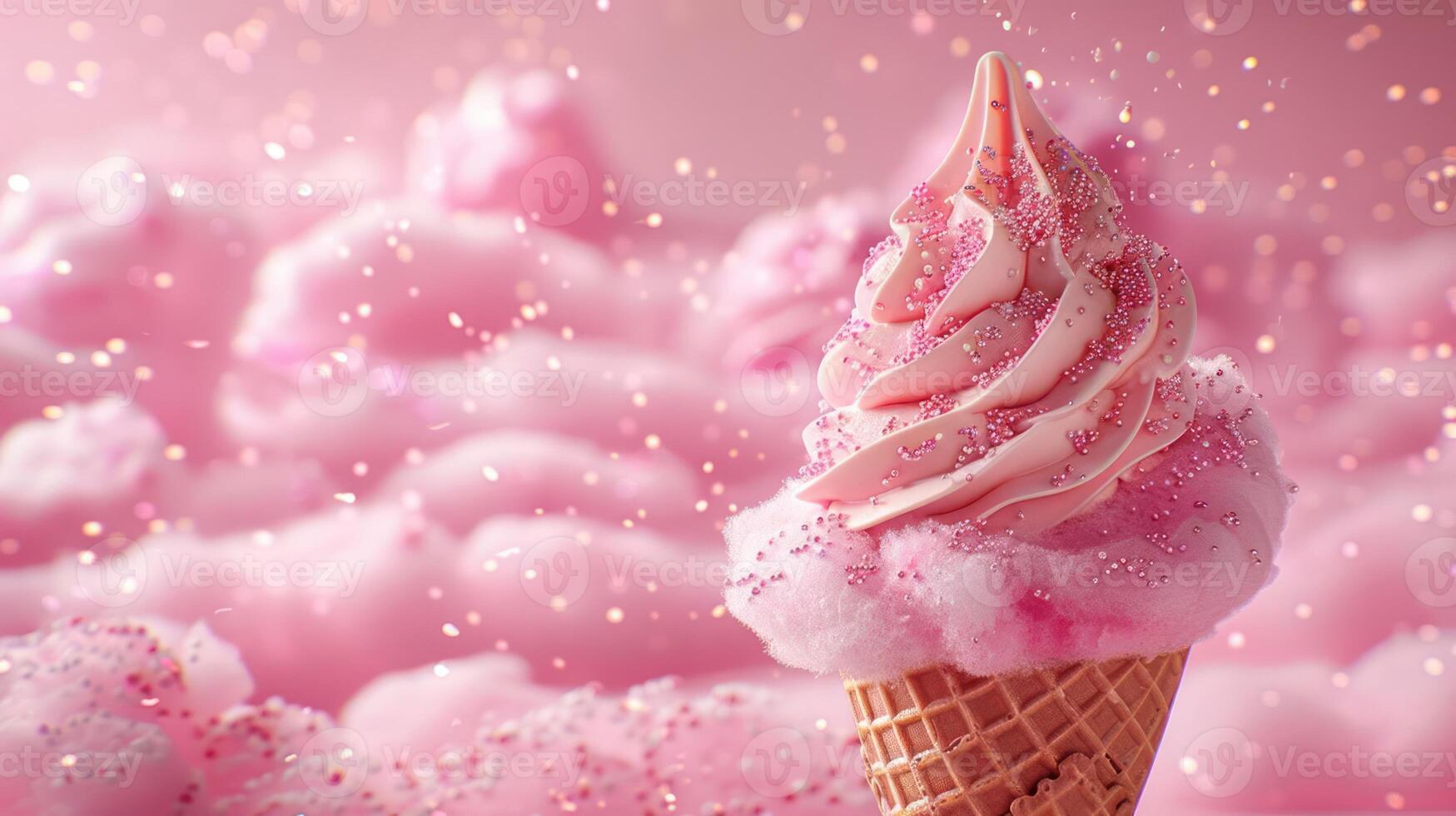 A whimsical ice cream cone topped with pink swirl and sprinkles against a soft pink background. photo