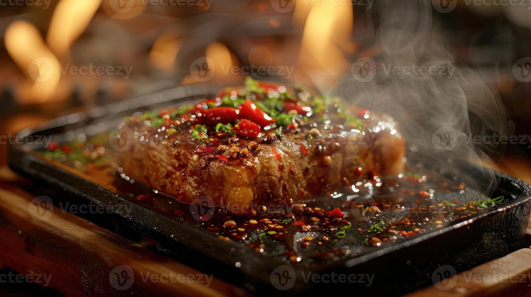 A sizzling steak on a hot plate garnished with herbs and spices, creating an appetizing scene. photo
