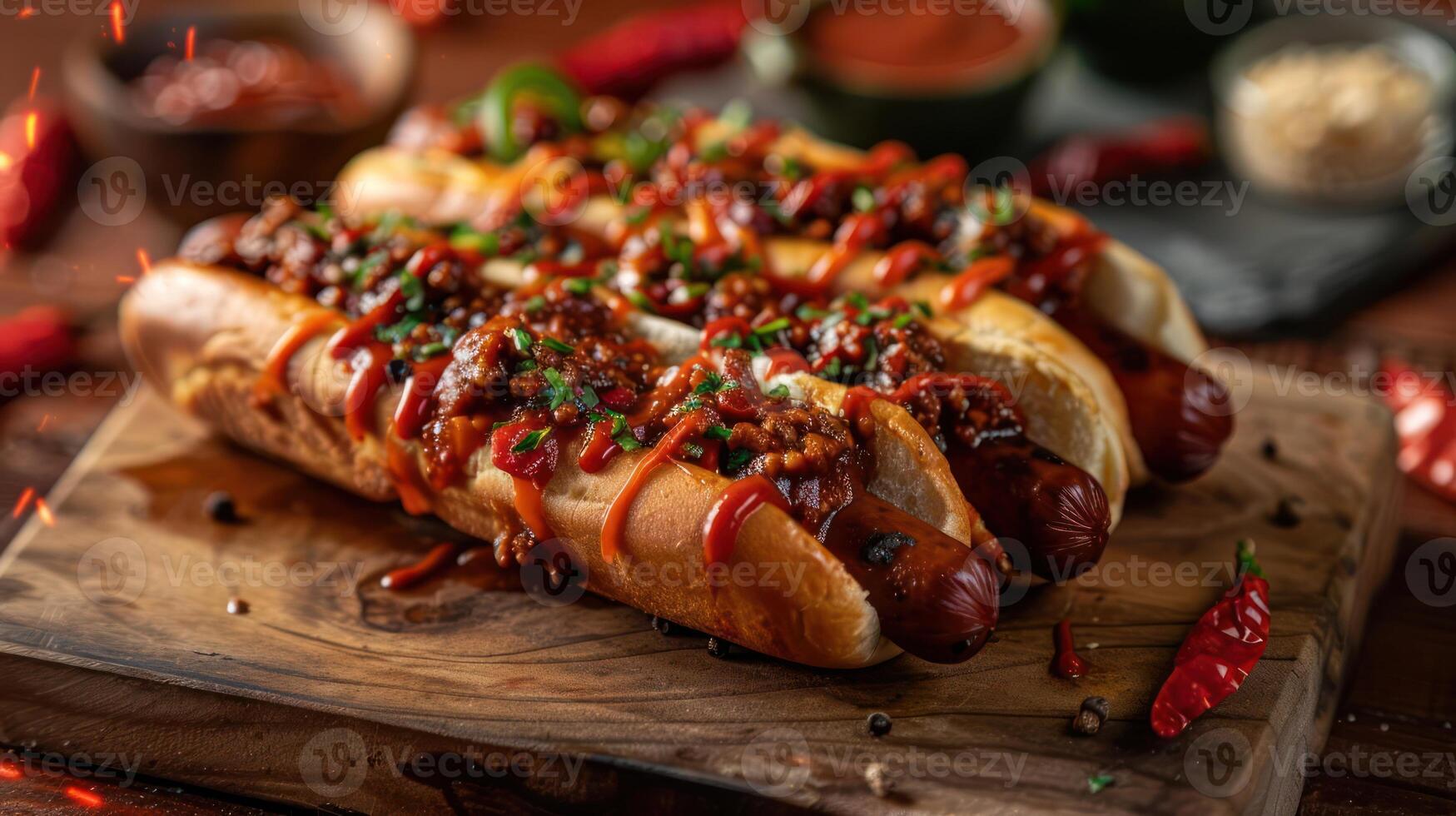 Three loaded hot dogs topped with chili, ketchup, and garnishes on a wooden board. photo