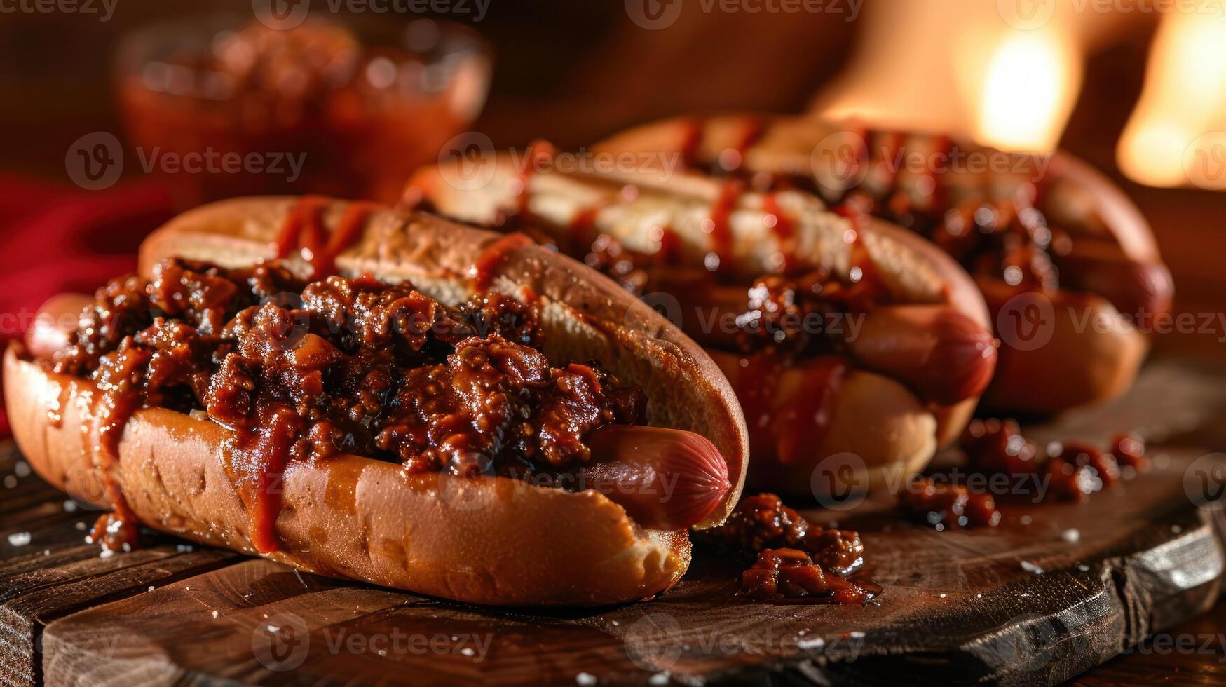 A close-up of chili cheese hot dogs topped with ketchup on a wooden platter. photo