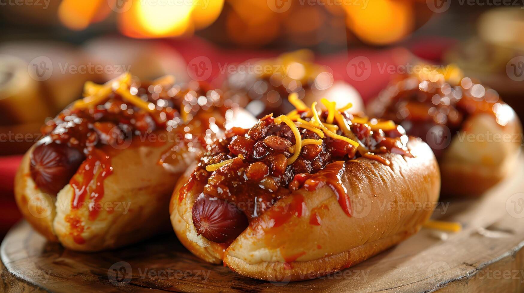 A close-up of chili cheese hot dogs, garnished with cheese and served on a wooden platter. photo