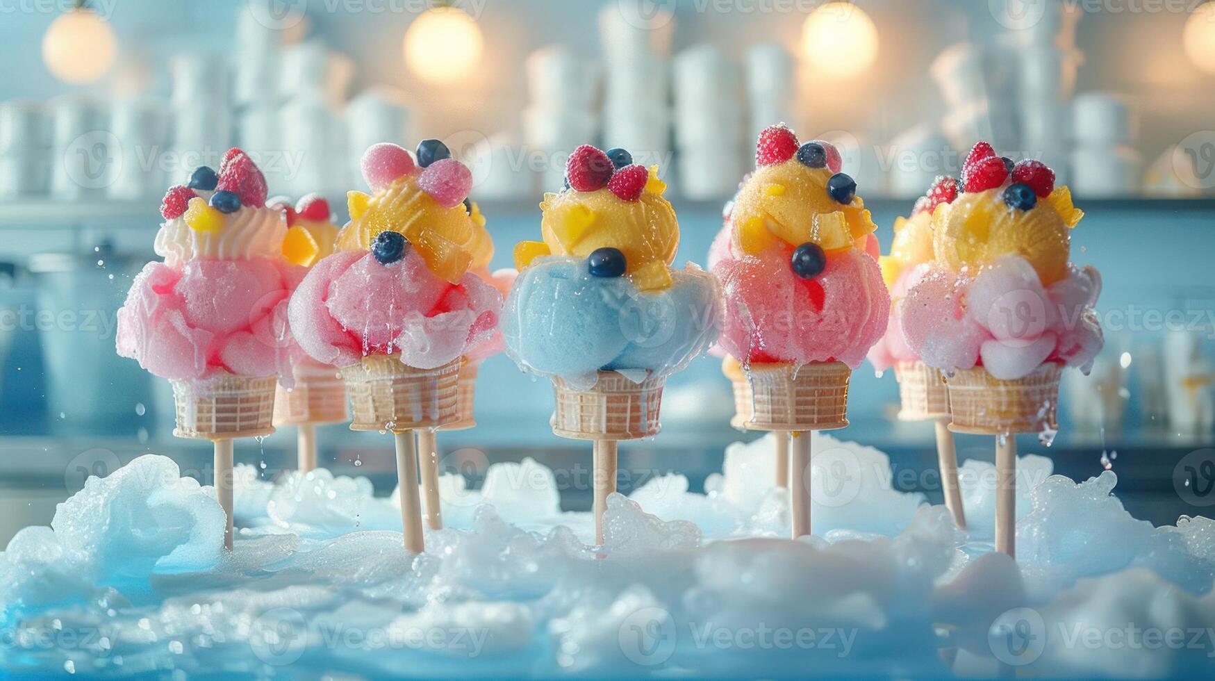 Colorful ice cream cones displayed with vibrant toppings in a playful setting. photo