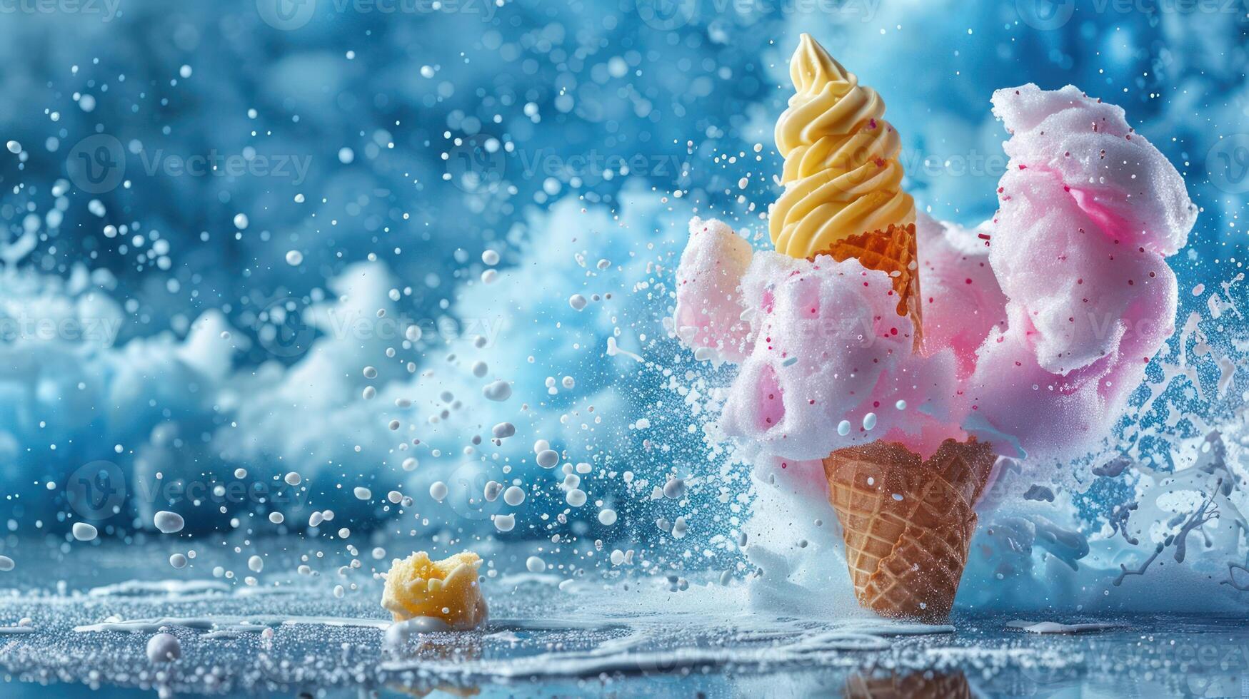 A vibrant ice cream cone splashes in water, showcasing a playful and refreshing scene. photo