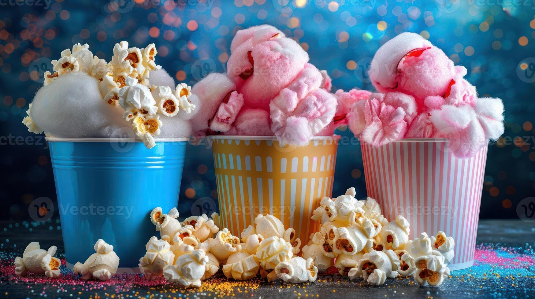 Colorful cups filled with cotton candy and popcorn create a fun, festive atmosphere. photo