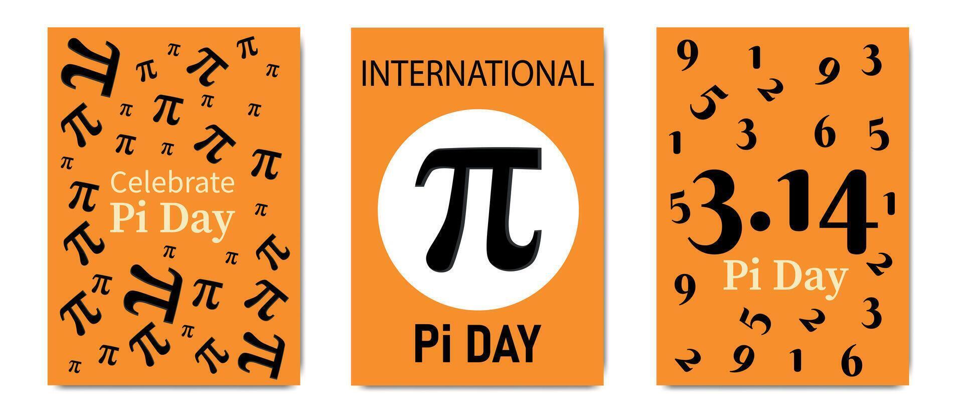 Three Pi Day celebration posters with mathematical symbols, numbers, and typography on an orange background representing March 14. vector