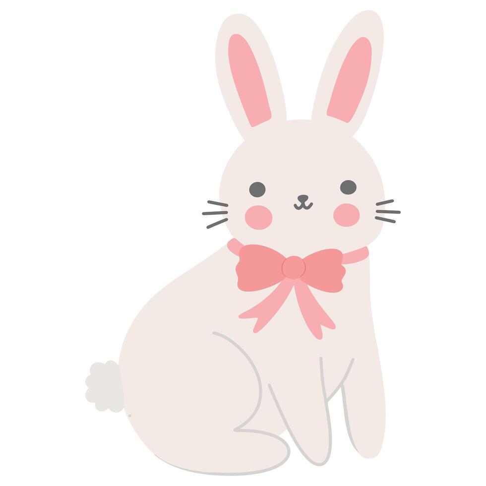 Cute kawaii sweet Easter bunny rabbit with pink ribbon bow simple illustration isolated on white background vector