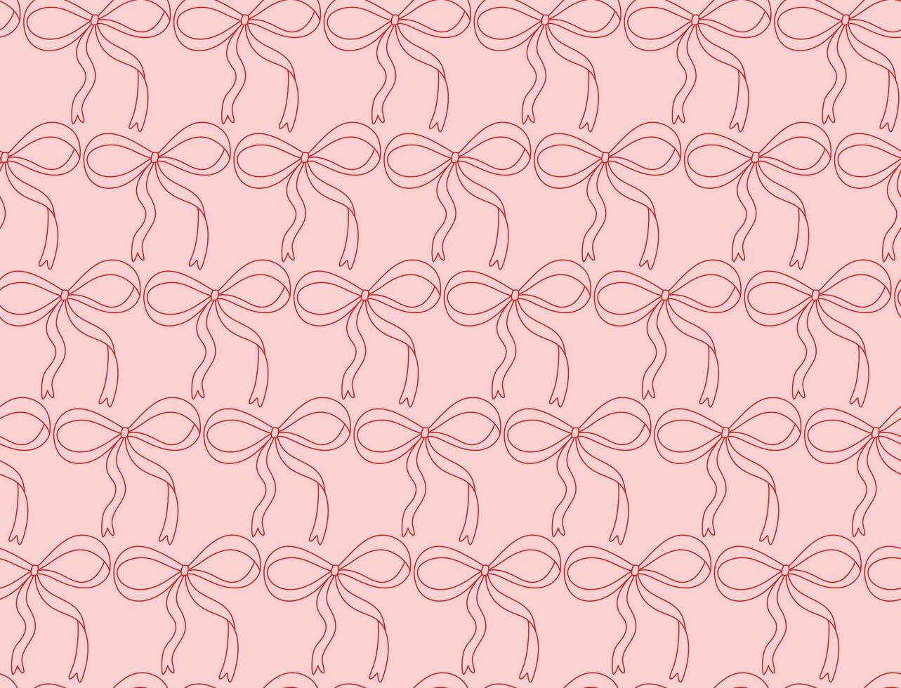 Coquette seamless pattern background with cute bow with long ribbon. Contour line outline hand drawn repeat minimalist red print over pink backdrop vector