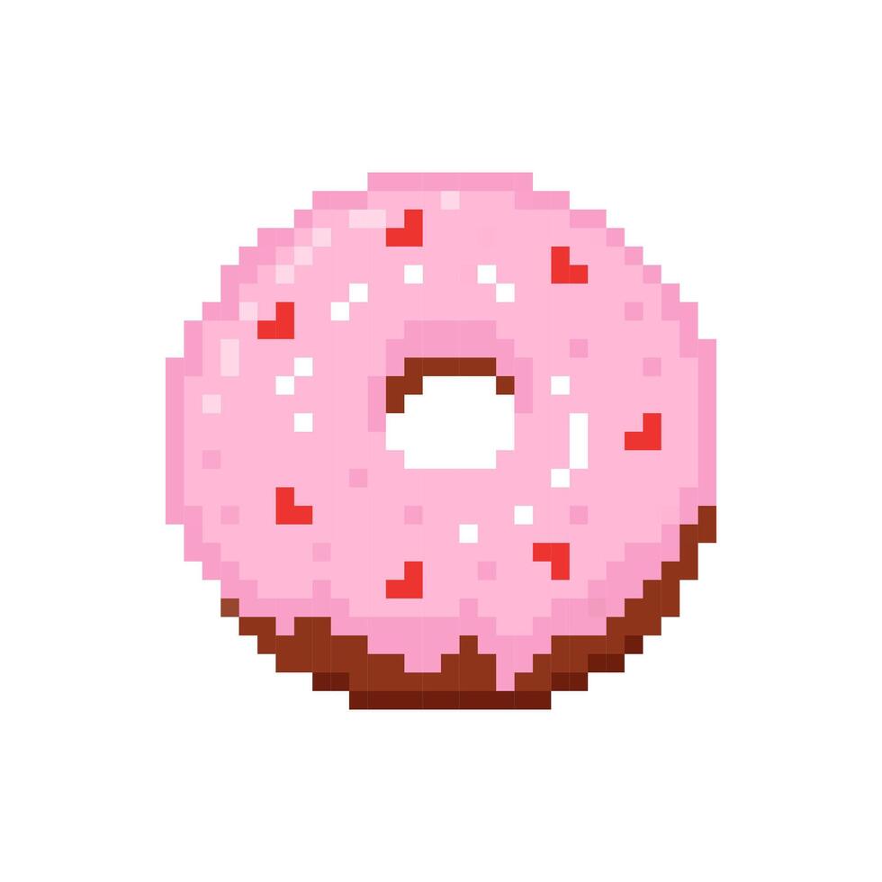 Pixel donut with pink glaze and heart-shaped sprinkles isolated on a white background. vector