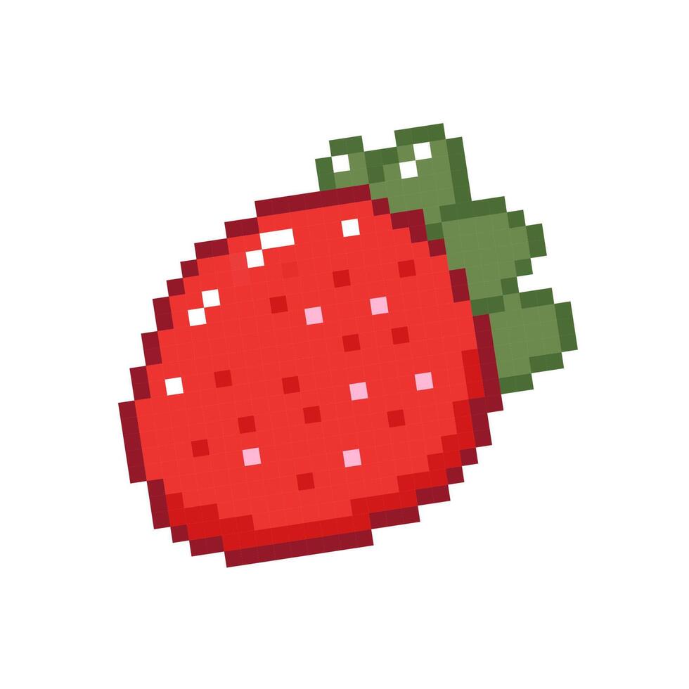 Pixel red strawberry with a green calyx isolated on a white background. Hand drawn illustration. vector