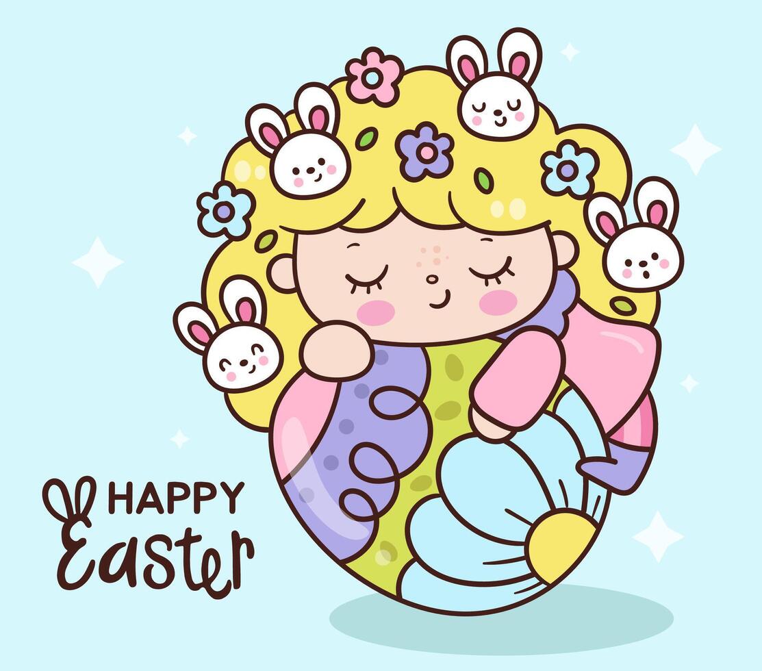 Easter bunny clipart and Princess girl rabbit character sleep on easter egg flower with rabbits vector