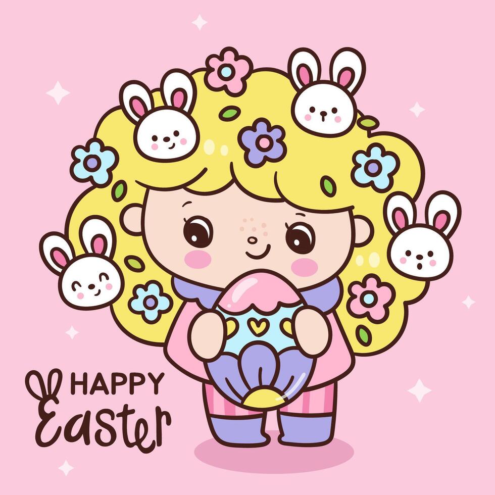 Easter girl princess with bunny rabbit and easter egg kawaii cartoon vector