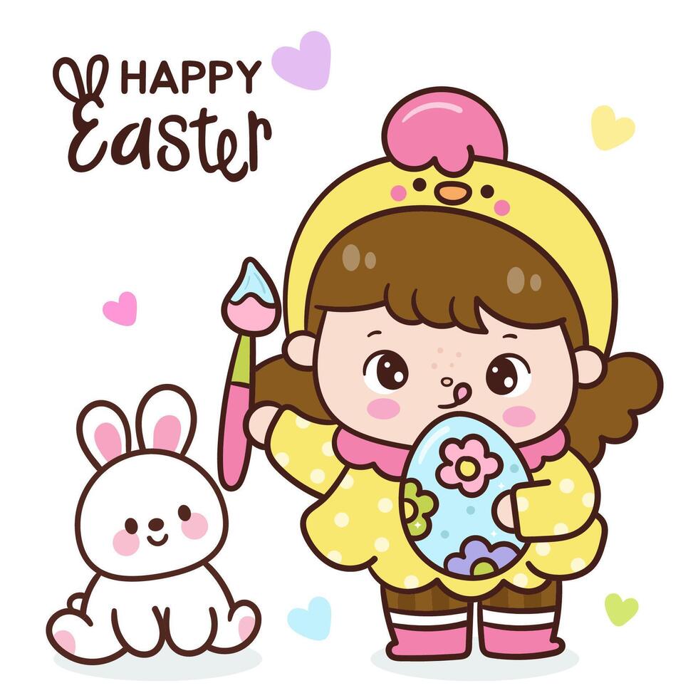 Easter cartoon bunny girl painting egg with rabbit kawaii card vector