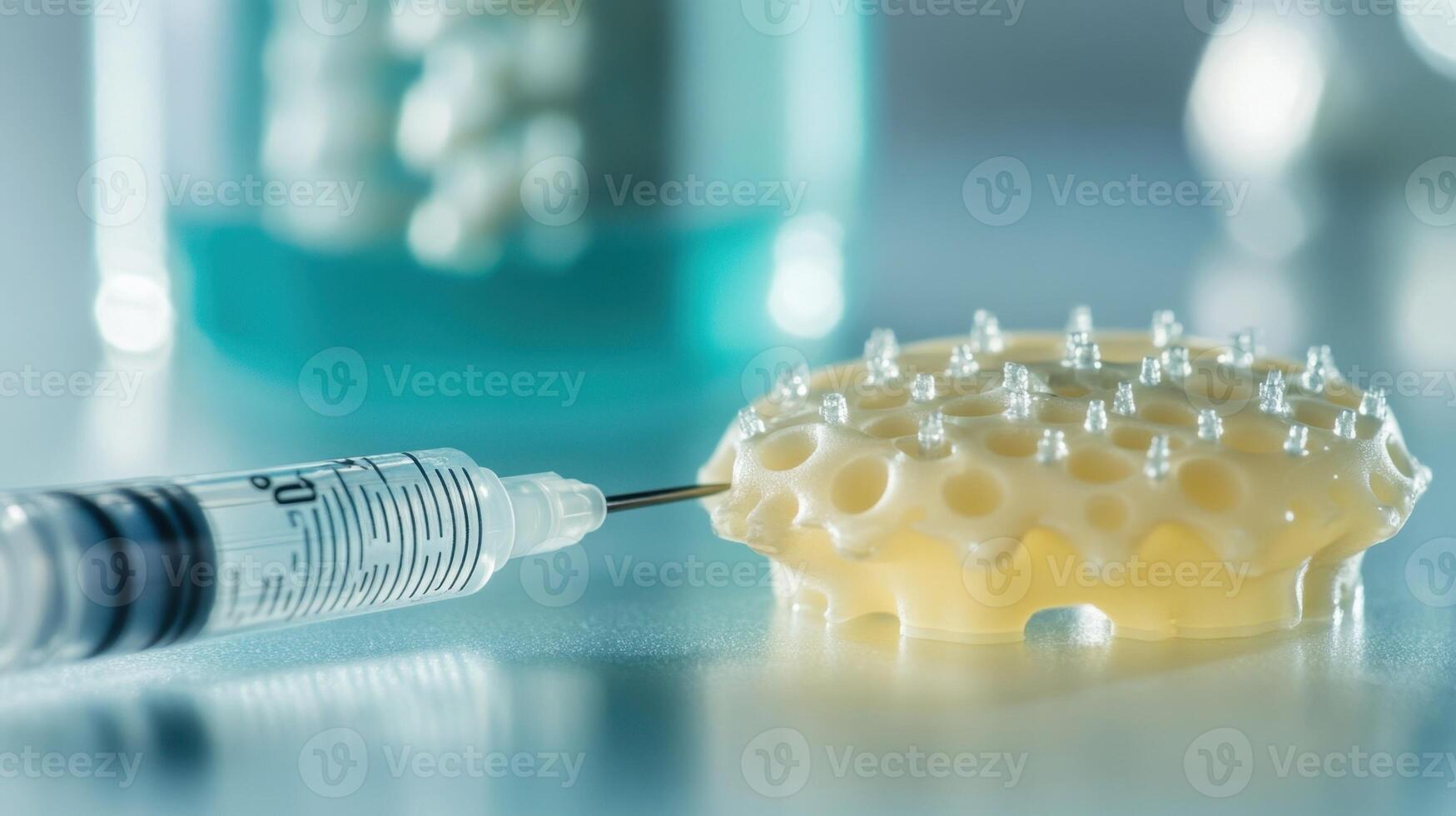 Scientific experiment with syringe and polymer structure photo