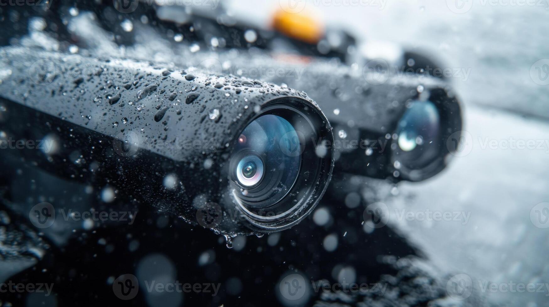 Close up of wet high tech camera lens in action photo