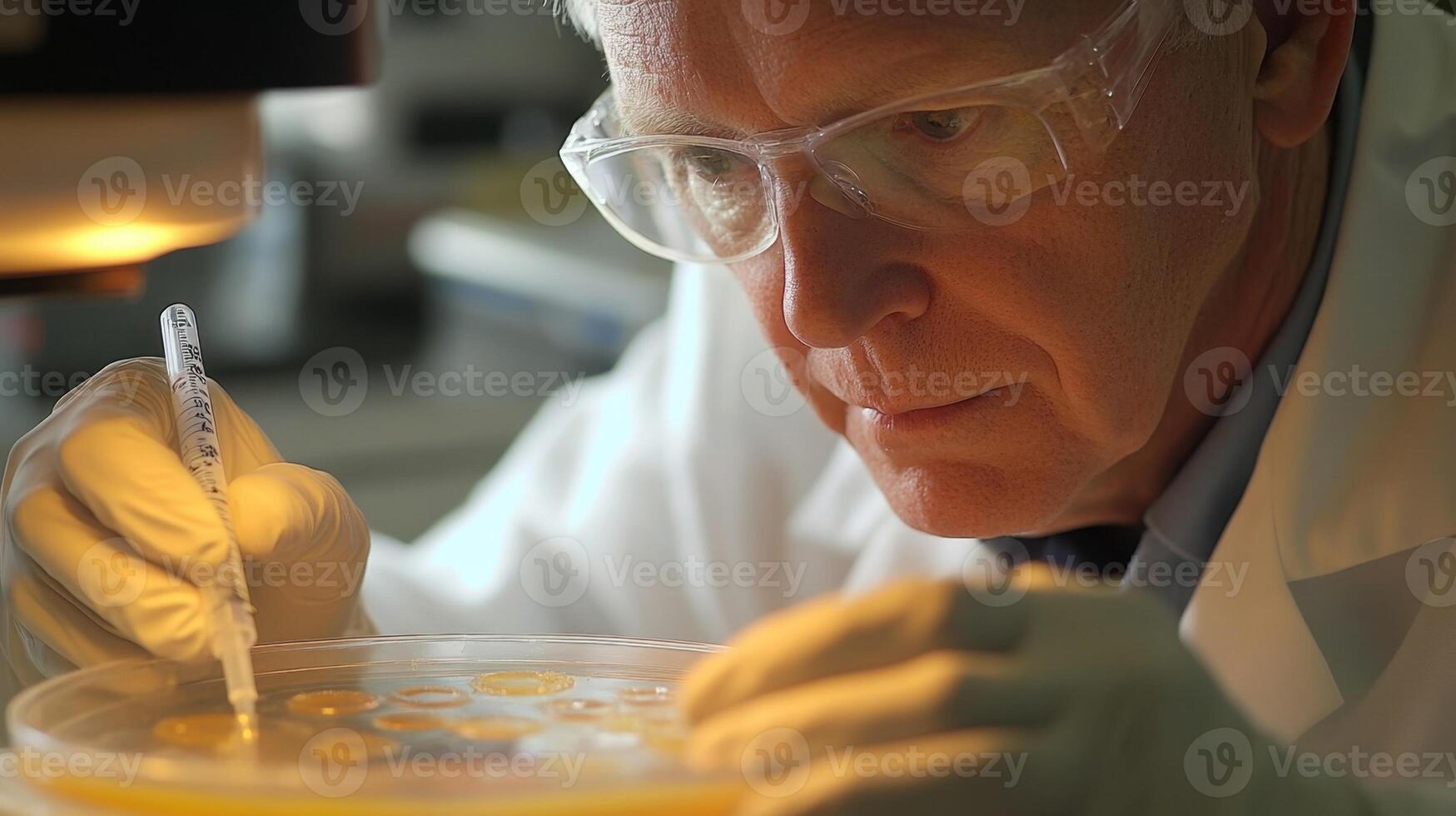 Scientist examining bacterial cultures in laboratory photo