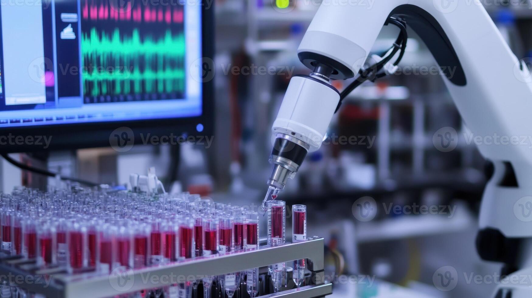 Robotic arm analyzing blood samples in laboratory photo