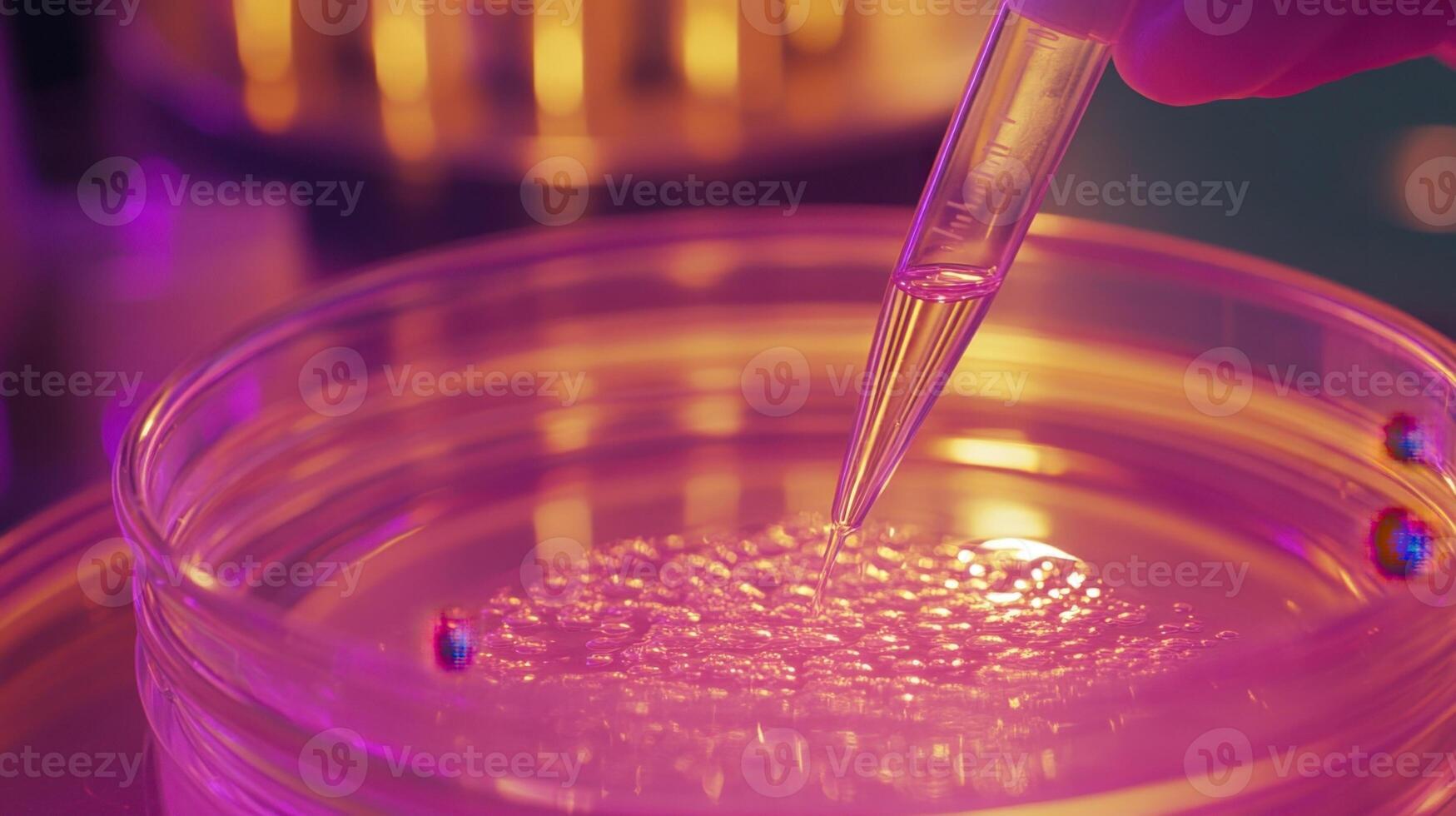 Scientist dropping liquid with pipette on petri dish during medical research photo