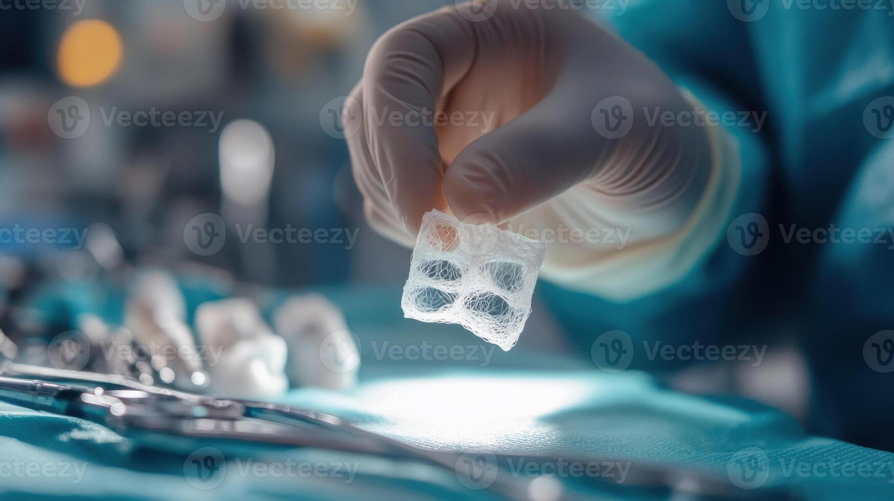 Gloved hand holding medical mesh in surgical setting photo