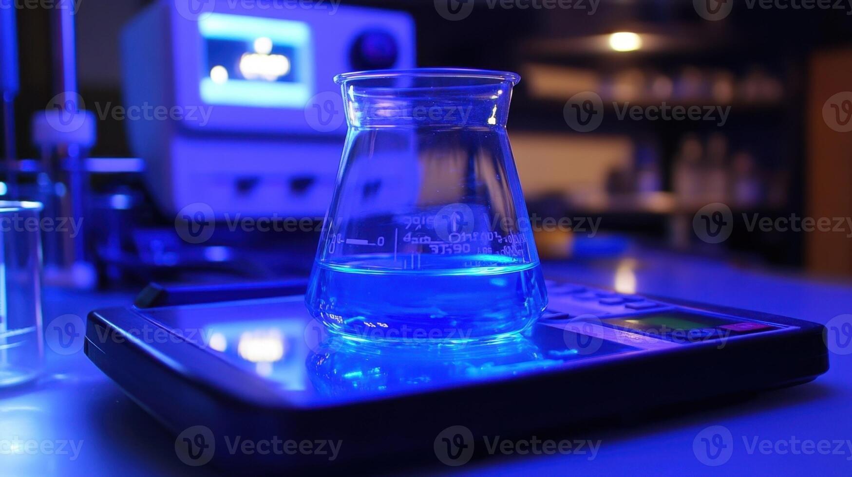 Erlenmeyer flask containing blue liquid sitting on electronic scale in laboratory setting photo