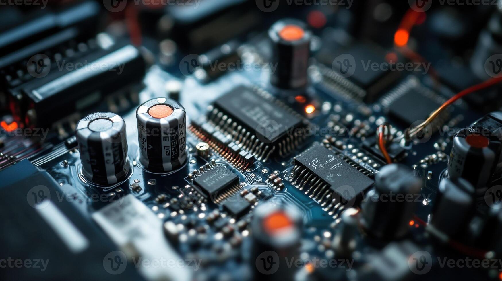 Close up of electronic circuit board components photo