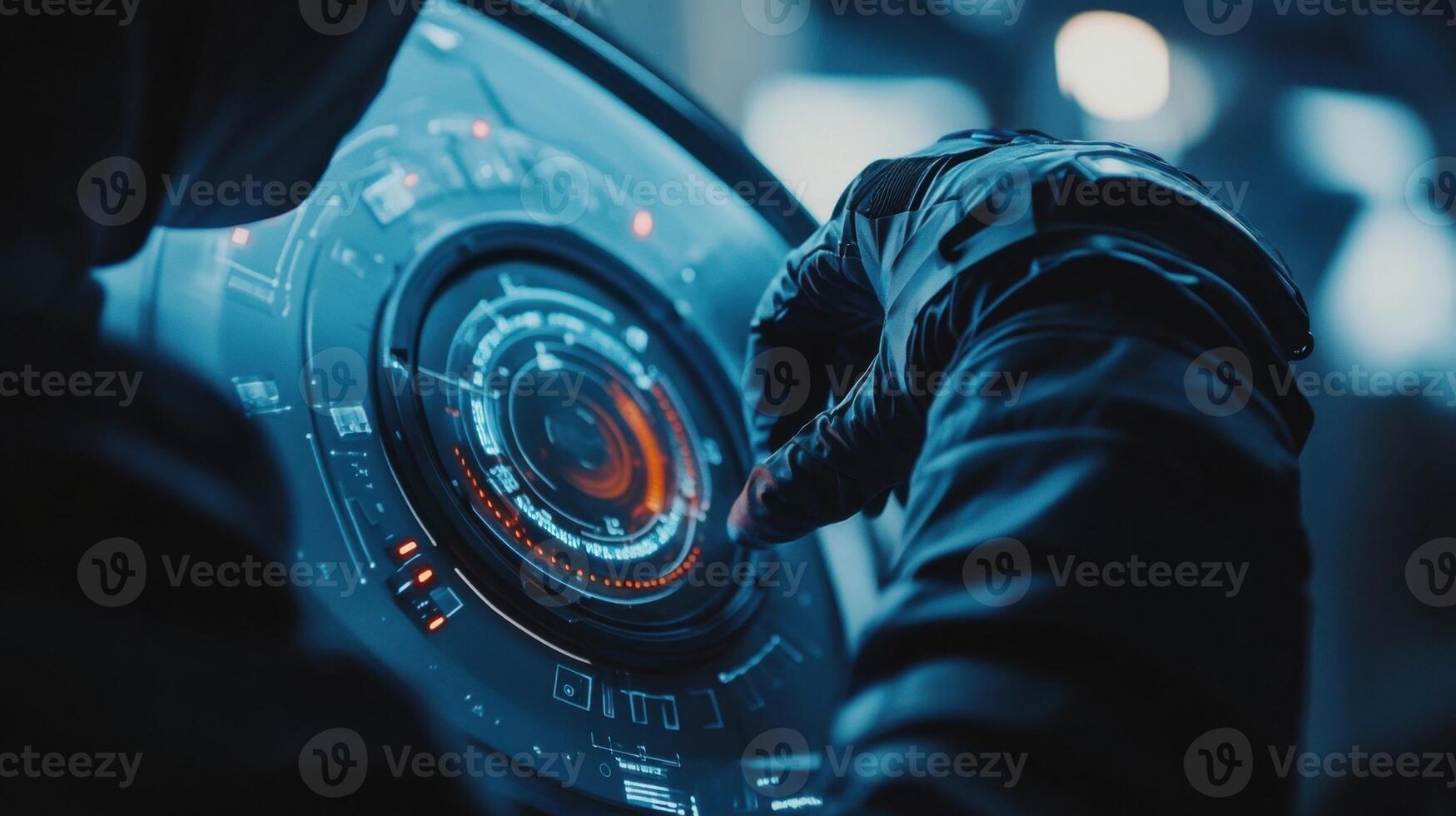 Futuristic interface with gloved hand interaction photo