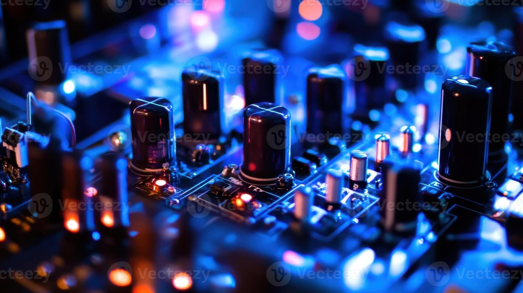 Electronic components lighting up on circuit board in blue and orange tones photo