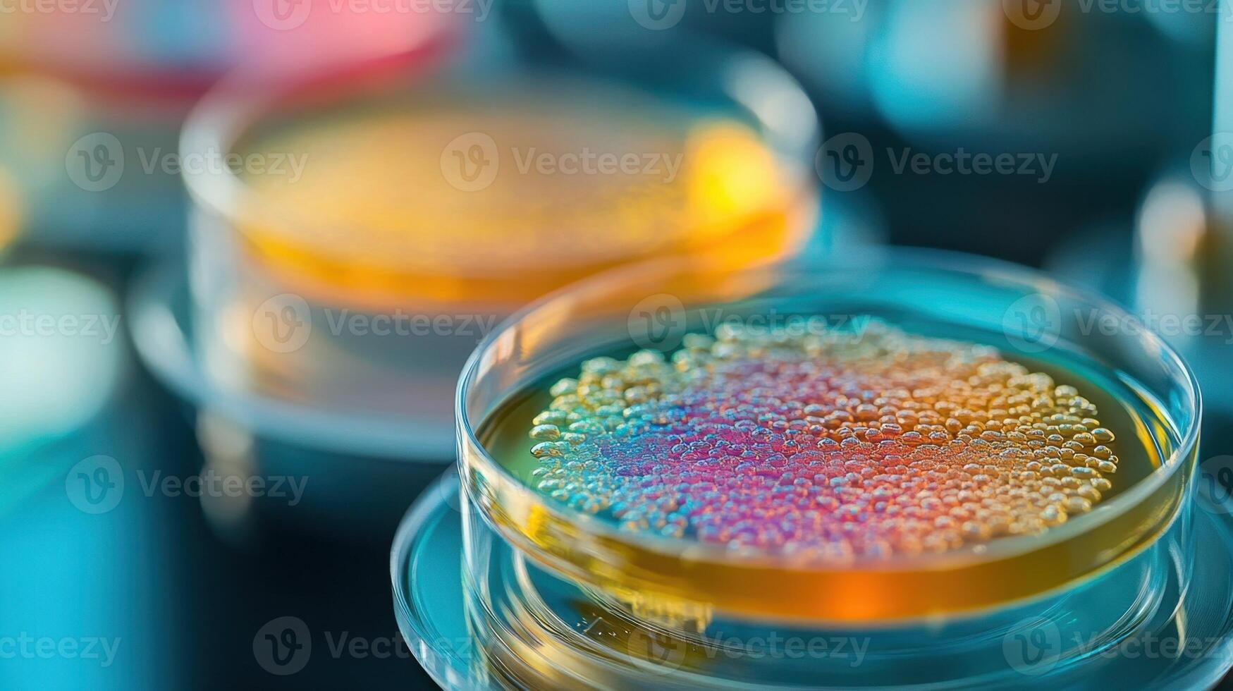 Vibrant bacterial cultures growing in petri dishes photo