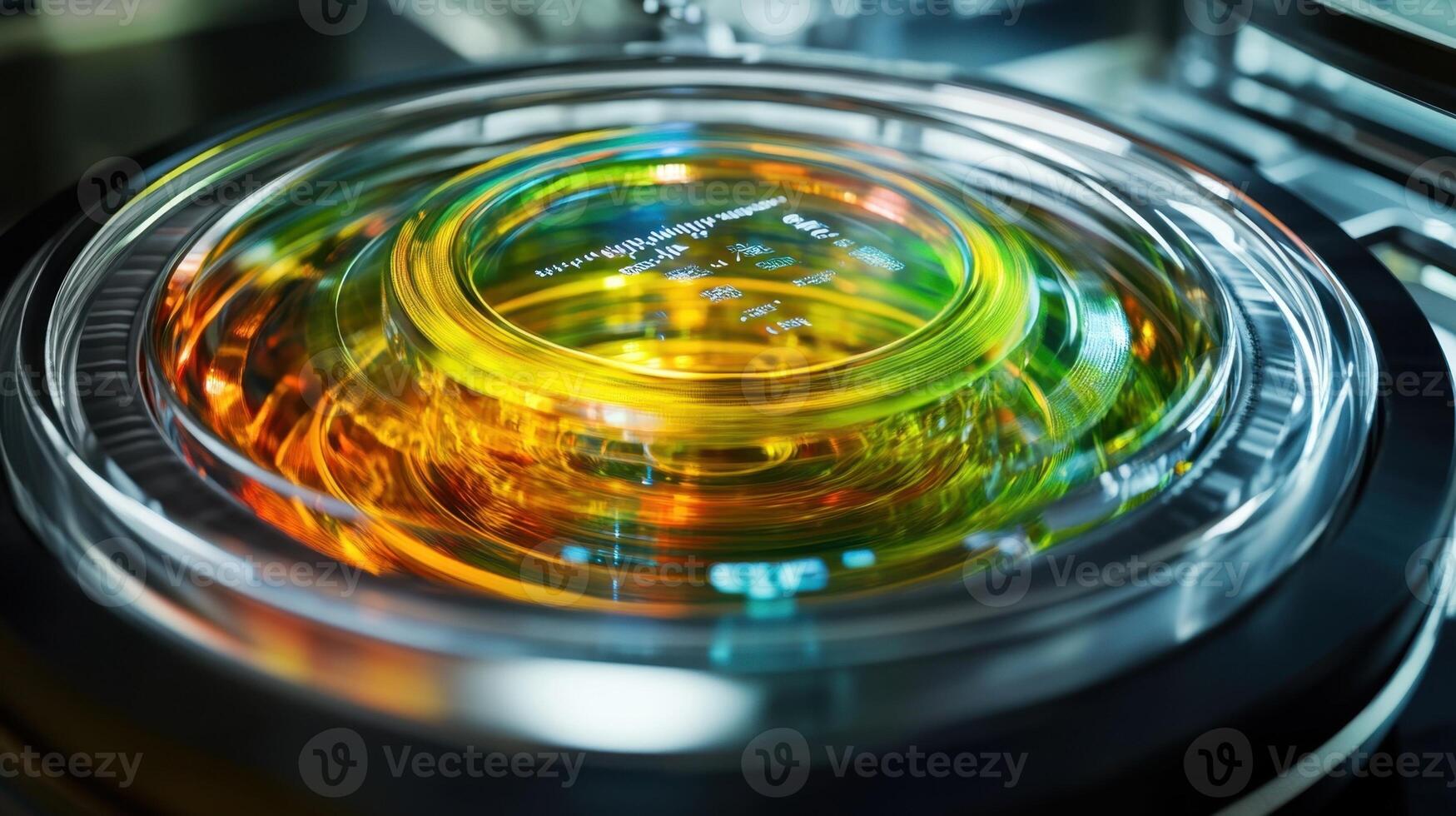 Petri dish with agar medium rotating in laboratory centrifuge creating colorful reflections photo