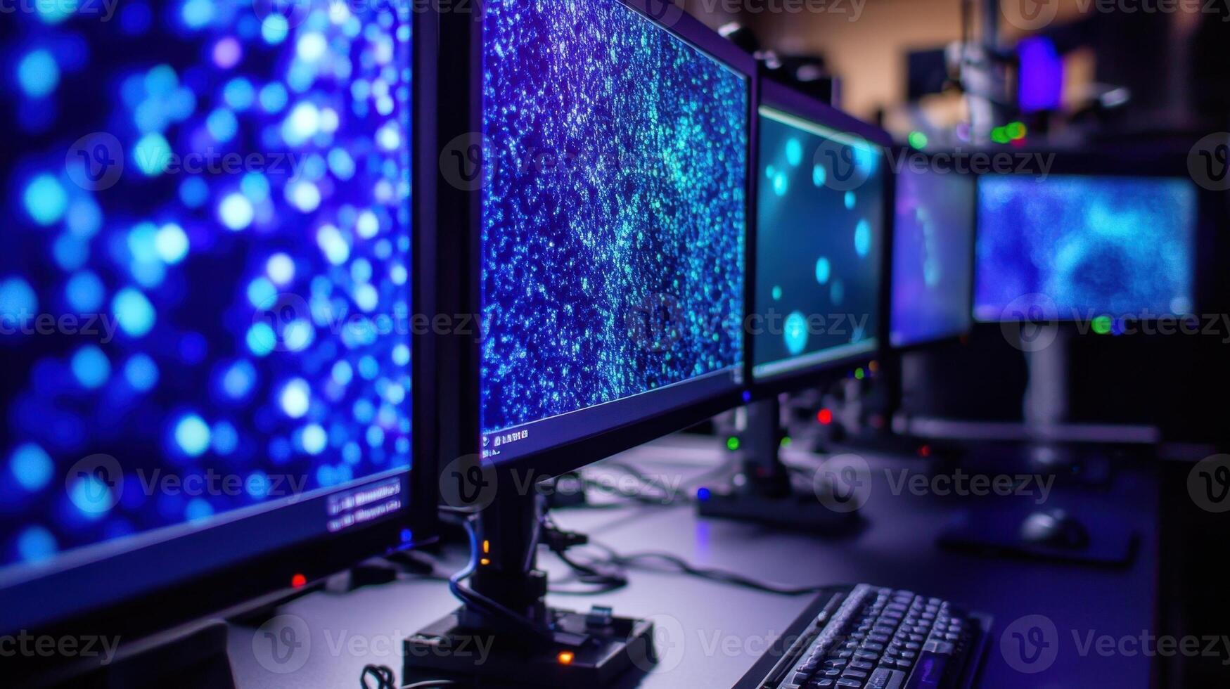 Multiple computer monitors displaying scientific data photo