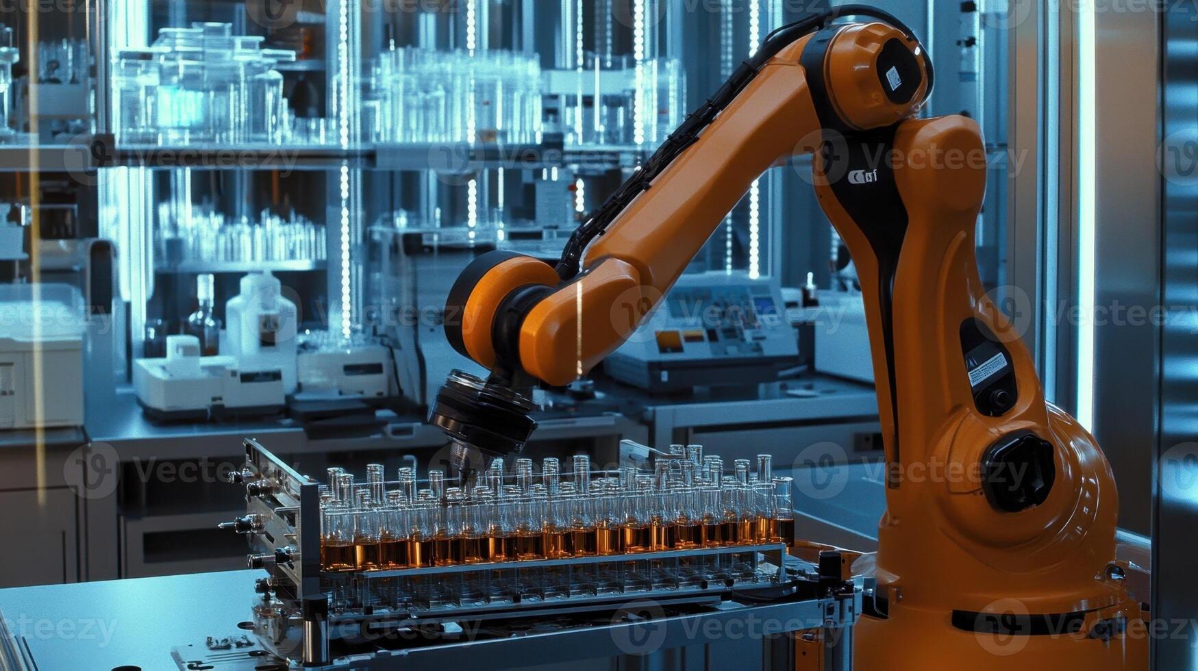 Robotic arm analyzing samples in high tech laboratory photo