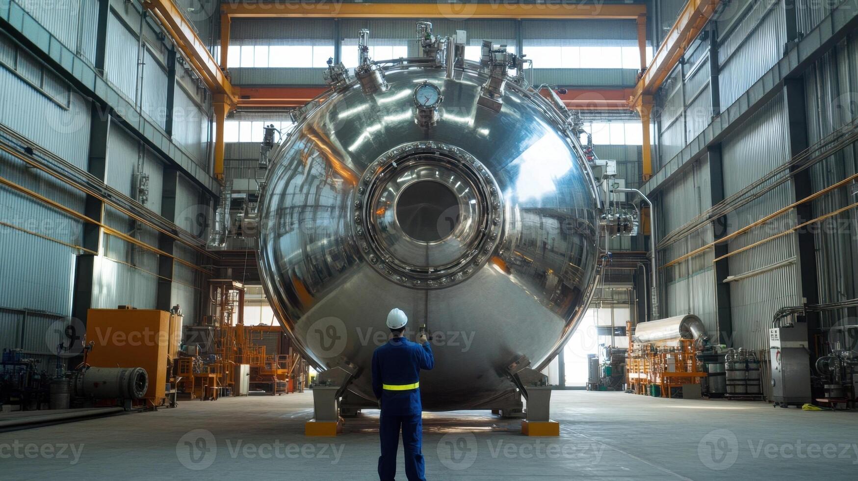 Engineer inspecting large steel vacuum chamber in industrial factory photo