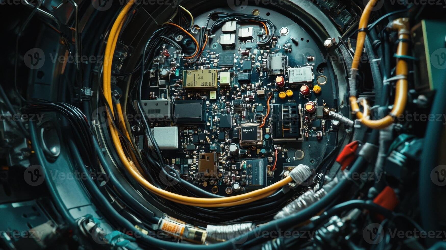 Intricate circuitry inside advanced technological device photo