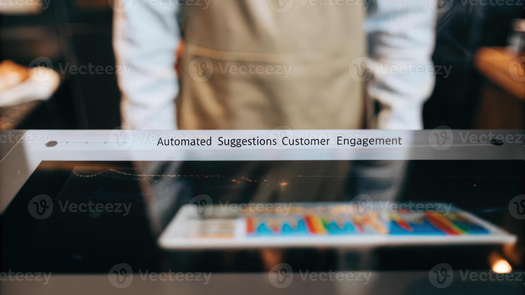 A closeup view of a virtual assistance feature embedded in the hologram providing automated suggestions for improving customer engagement based on displayed analytics.. photo